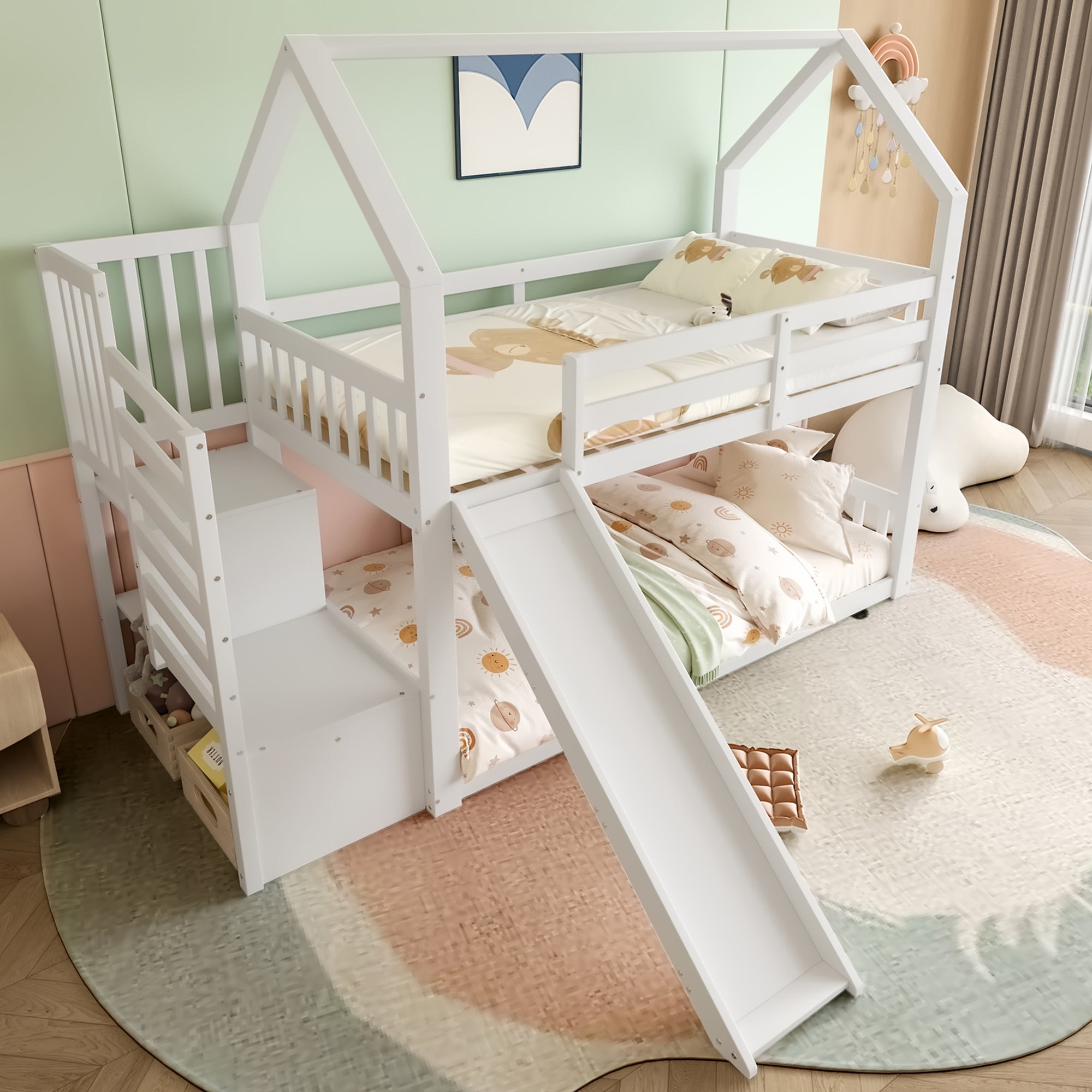 Lit superposé avec escalier de rangement et toboggan, lit d'enfant avec barrières, 90x200cm, blanc - 3
