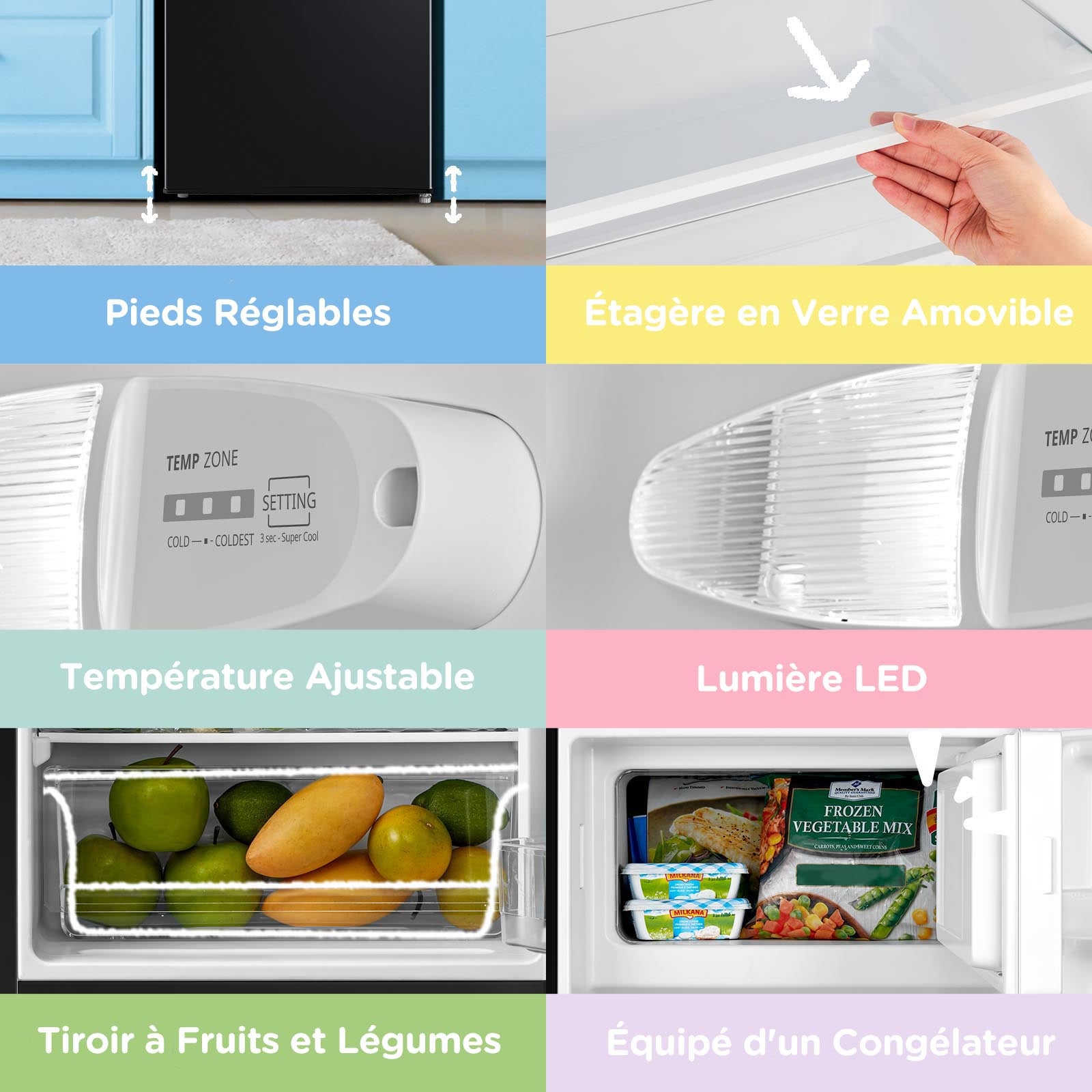 Comfee Réfrigérateur Table Top - 80L(12+68) - Classe D - Compresseur Inverter - 44.5*47.5*84.5 cm - Noir Classique - 7