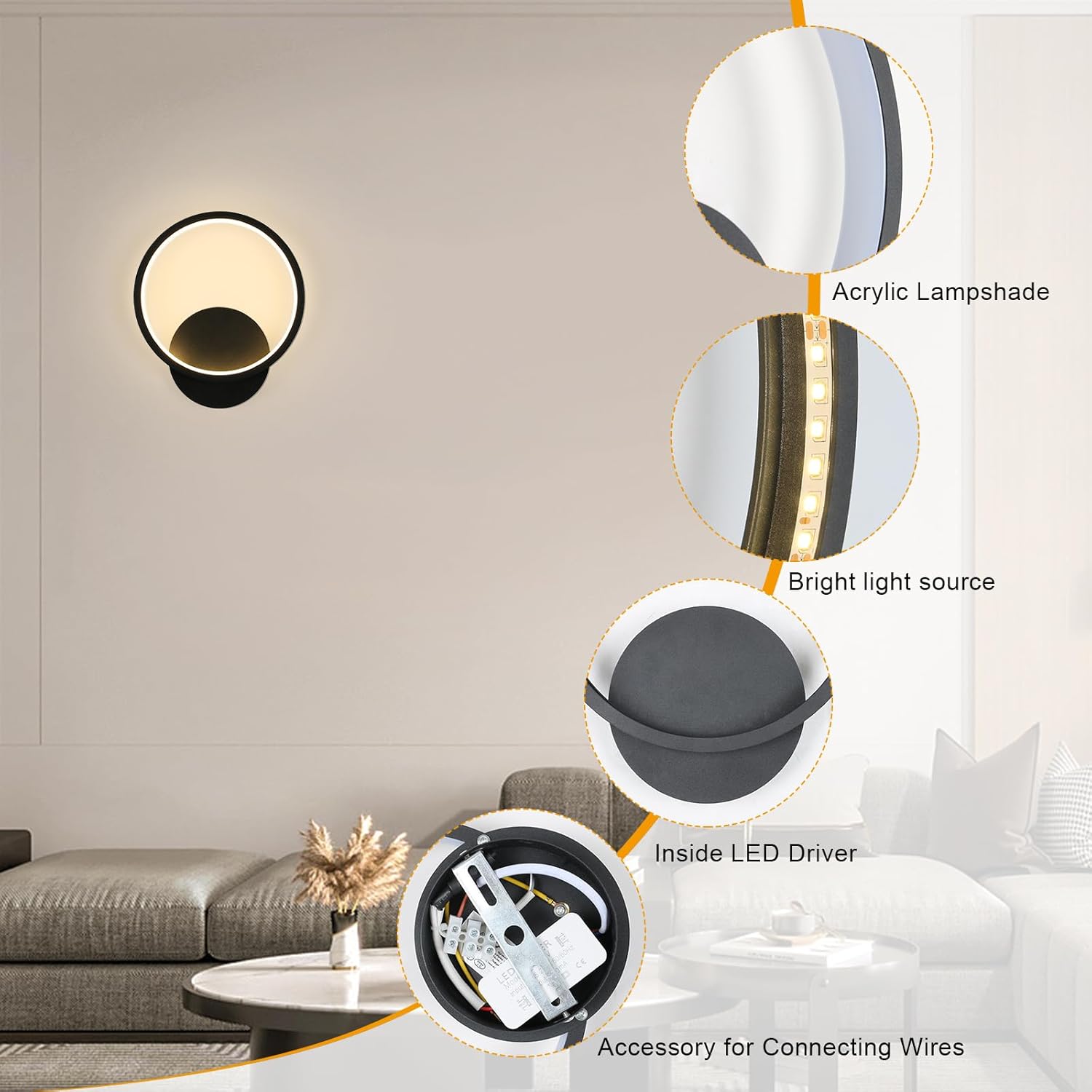 GOECO Applique Murale Intérieure LED - 12W Noir 3000K Lumière Blanche Chaude Ronde Lampe Murale Moderne pour Chambre Salon Couloir Escalier - Ø20cm - 7