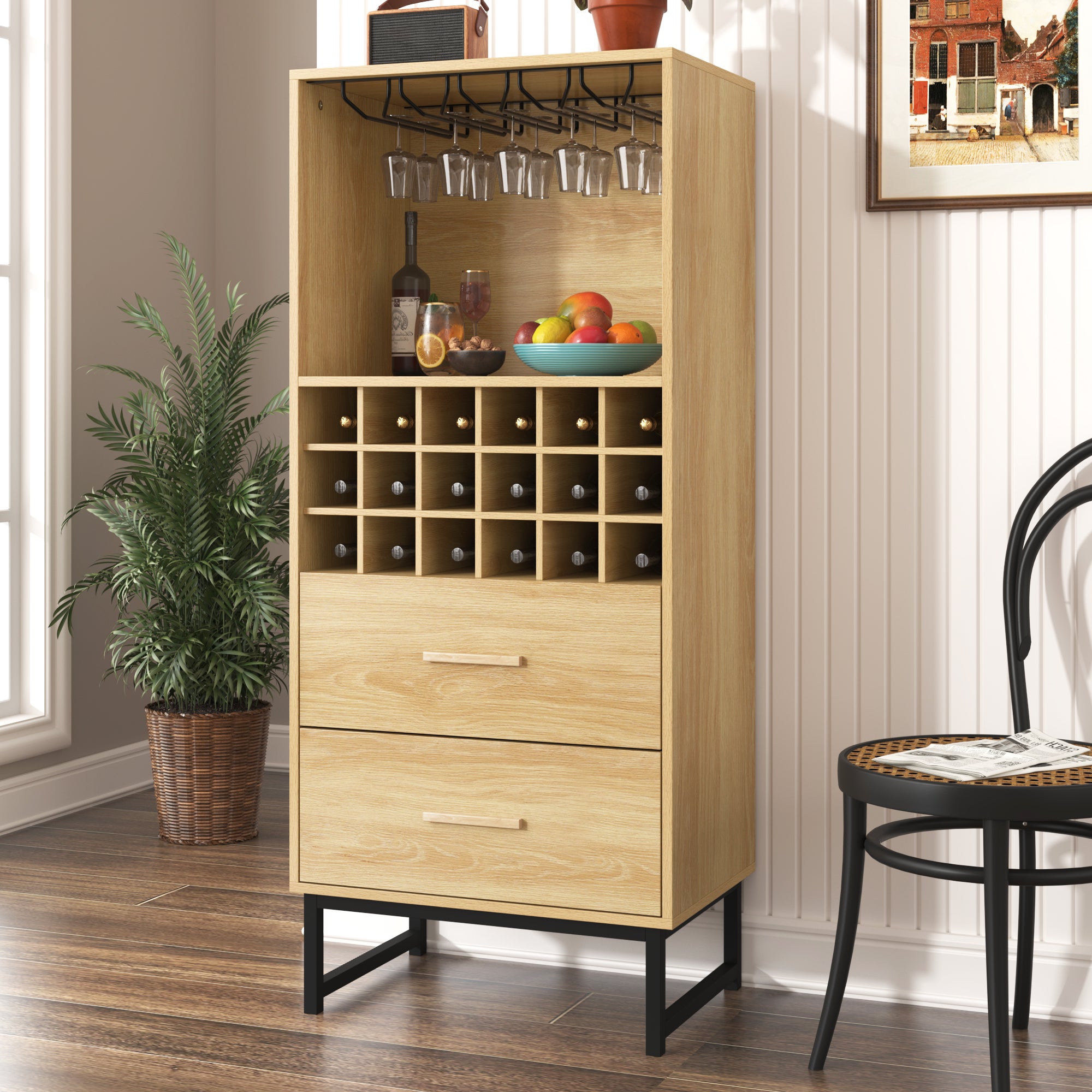 Meuble Rangement Cuisine Avec Multiprise Et Casier à Vin - 107x40x80 Cm, Blanc, 3 Tiroirs, 2 Armoires