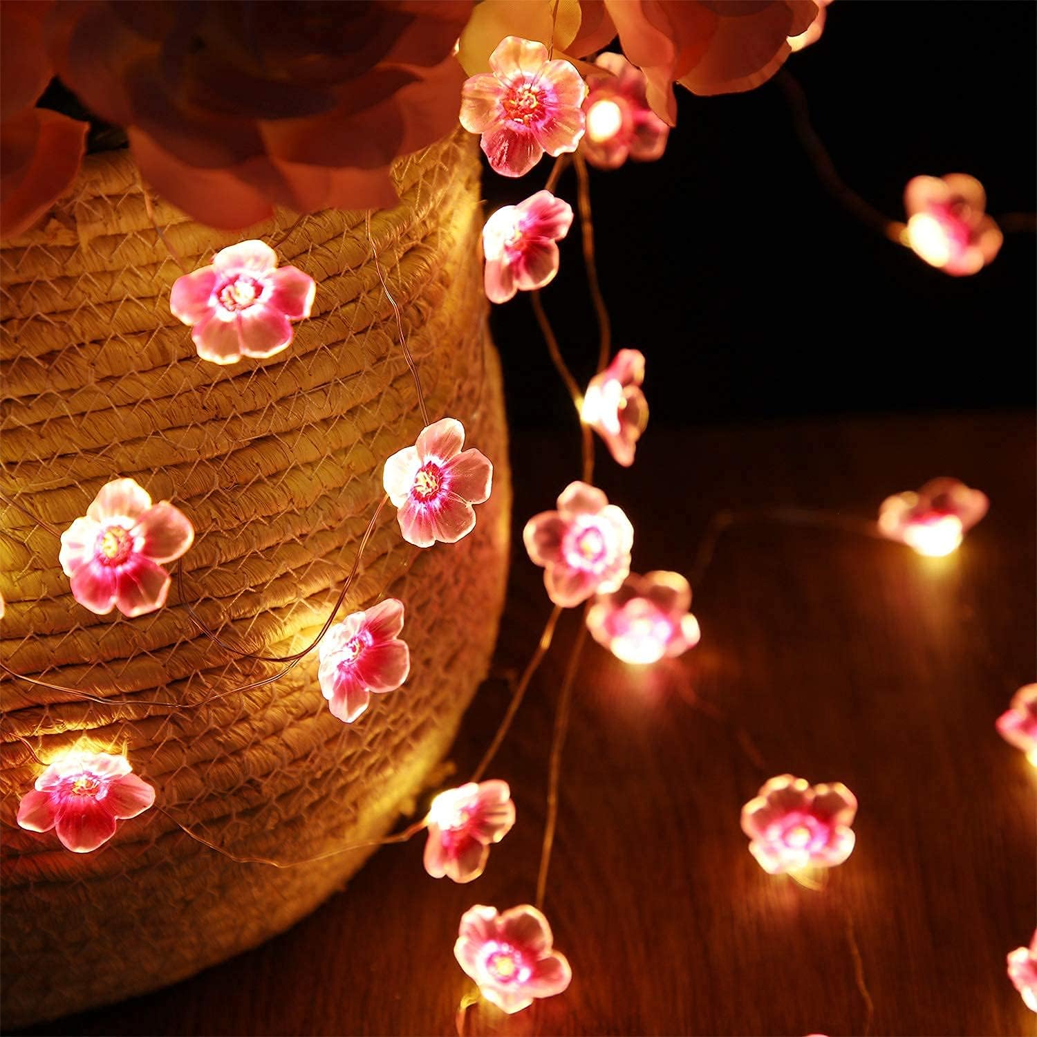 Guirlande lumineuse - 3 mètres, 30 LED - Guirlande lumineuse à fleurs de cerisier roses - Alimentée par piles - Lumière blanche chaude avec flash - 2