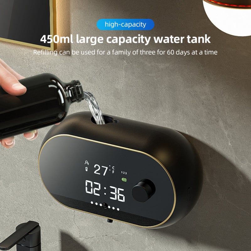 Pompe à savon moussant automatique sans contact murale, 450ml rechargeable, écran LCD, auto-nettoyage, multifonctionnel, pour salle de bain - 2
