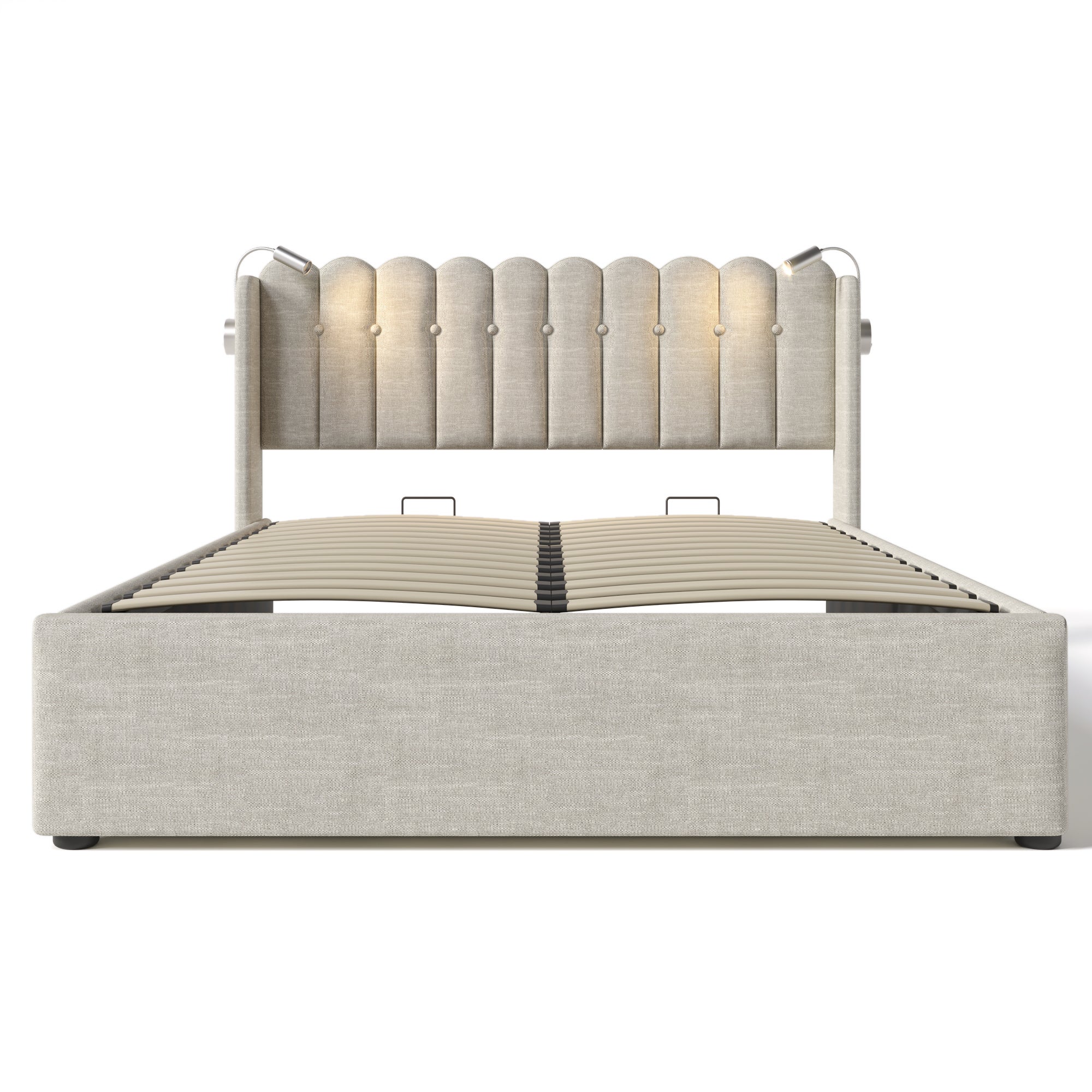 Cama contenedor tapizada con LED y puertos de carga USB - 160x200cm - tela de lino - con somier - Beige - 3