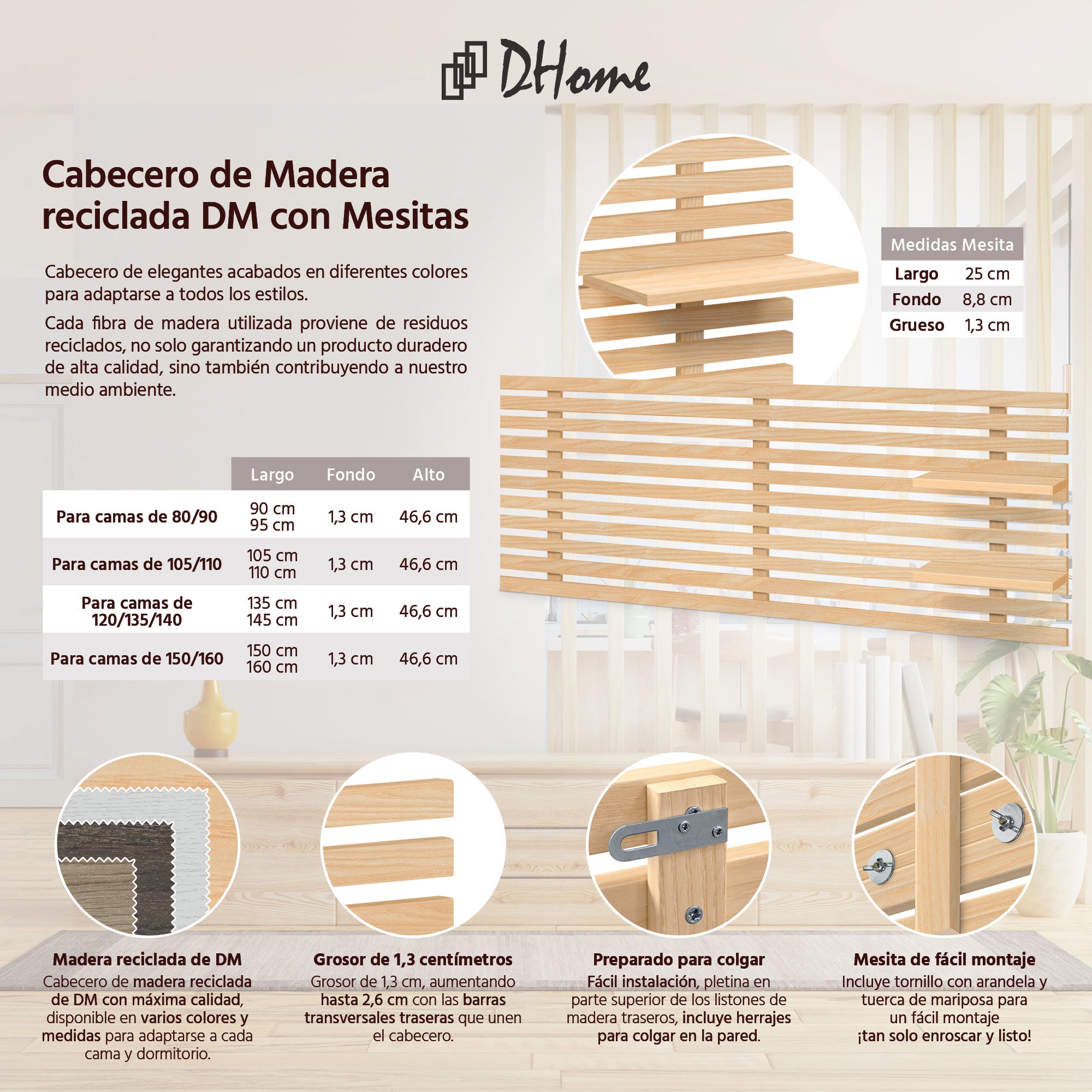 DHOME Testiera con ripiani in legno riciclato DM Letto sospeso a parete in stile pallet giapponese Vintage (Legno naturale, 160 cm) - 2