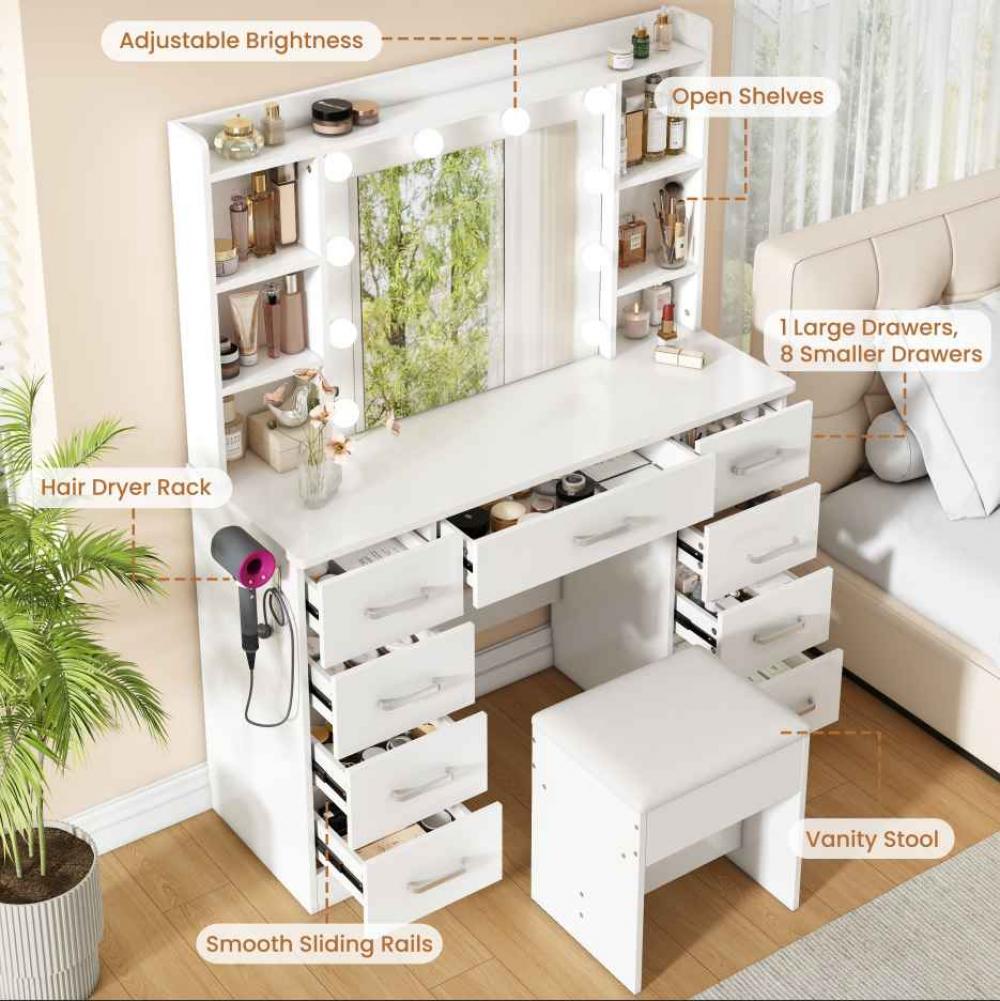 Coiffeuse Blanche 110×40×145 cm avec Miroir LED 10 Lumières, USB, Sgabello et Support Sèche-Cheveux - 5