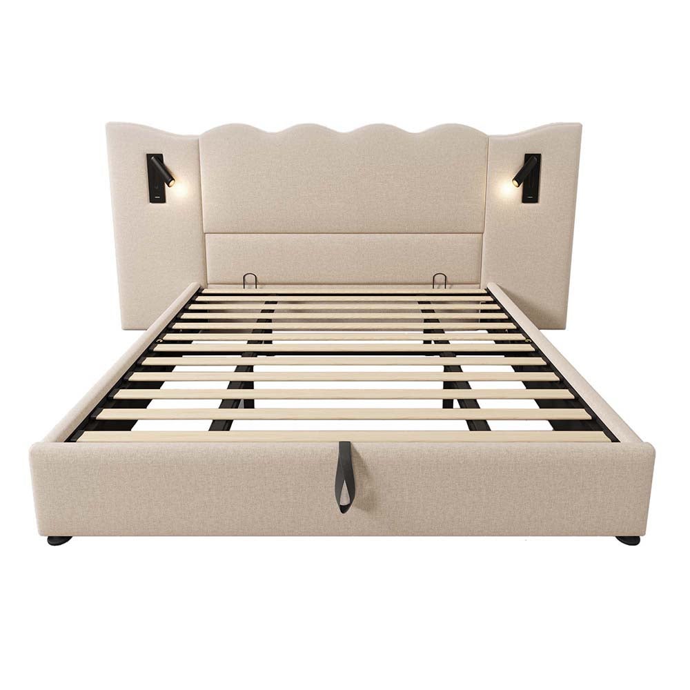 Lit double capitonné 180 x 200 avec liseuse et chargeur USB Type-C avec cadre en bois massif et lattes, Beige, Linen - 5