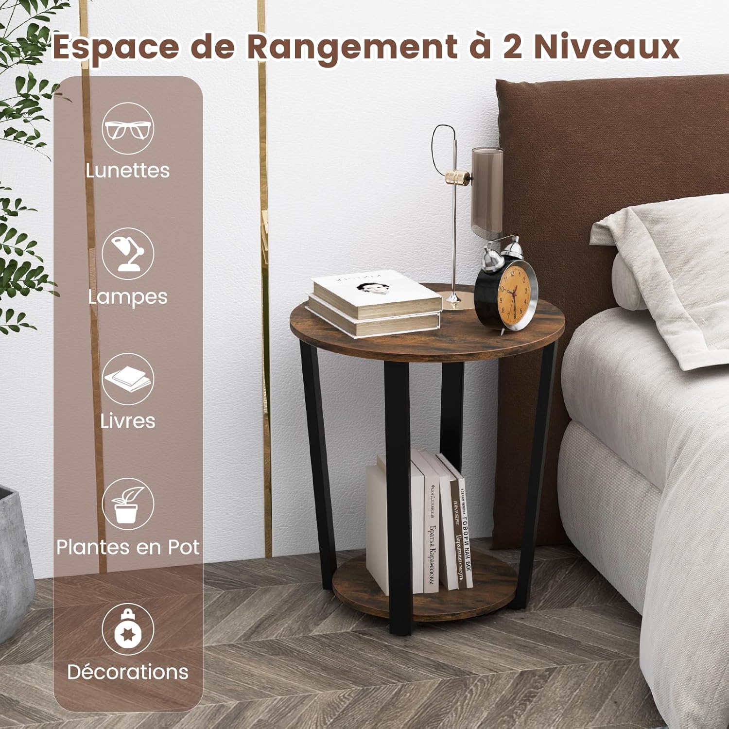 Bout de Canapé Rond à 2 Niveaux, Table d'Appoint avec Etagère de Rangement, Cadre en Métal, Style Industriel, Table Compacte(Marron Rustique) - 5