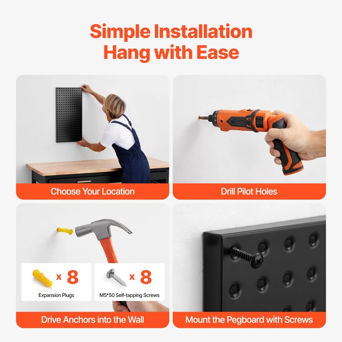 BOMCLAP – Support de rangement mural pour outils (type panneau perforé), en acier au carbone traité antirouille, panneau de tri pour garage - 5