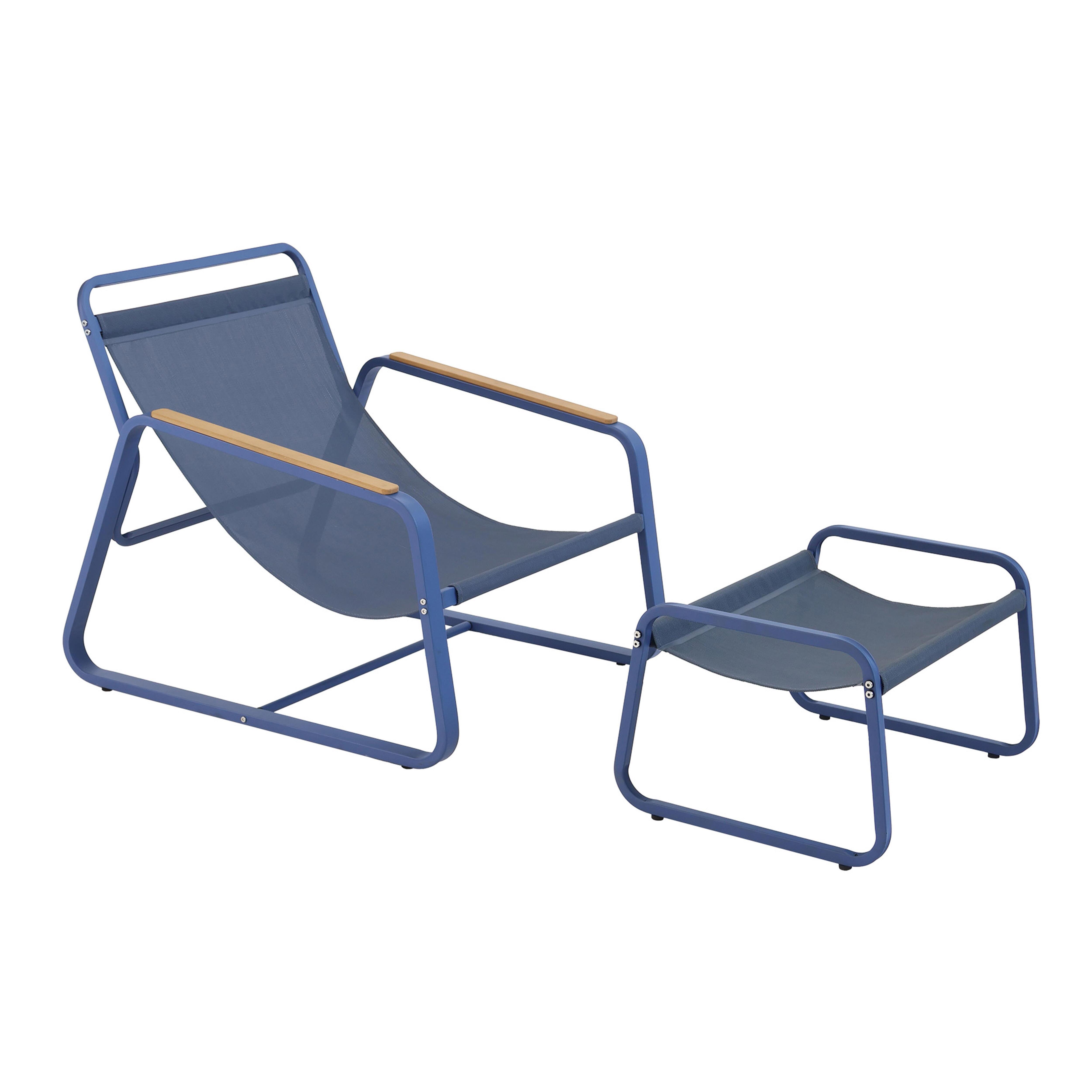 Fauteuil relax en acier et textilène avec repose-pieds bleu pacific - 3