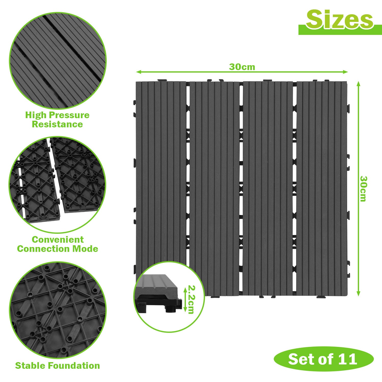 Lot de 66 Dalles de terrasse 4 lattes 6 m², 30 x 30 cm, Dalles clipsables WPC Composite bois Anthracite - 2