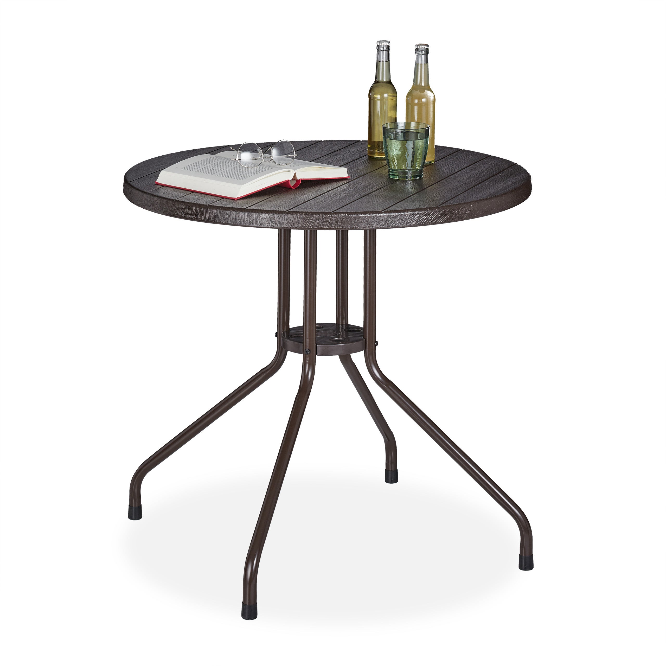 Relaxdays Table ronde de jardin, aspect bois, plastique, métal, balcon ...