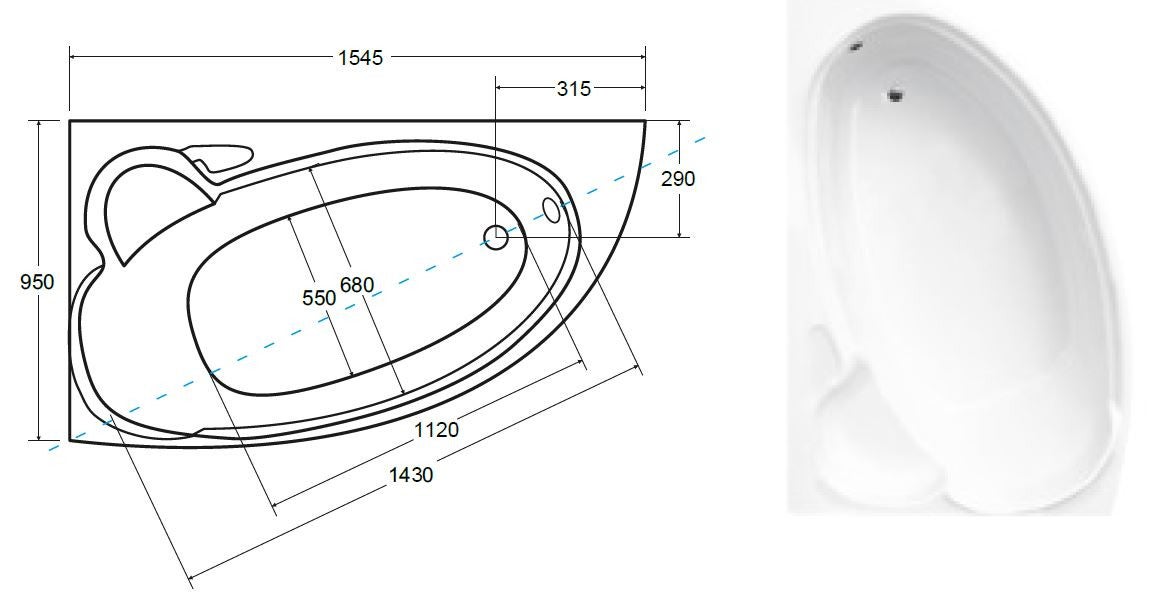 Baignoire d'angle asymétrique NOVA Gauche avec tablier - Dimensions: 155 CM - 3