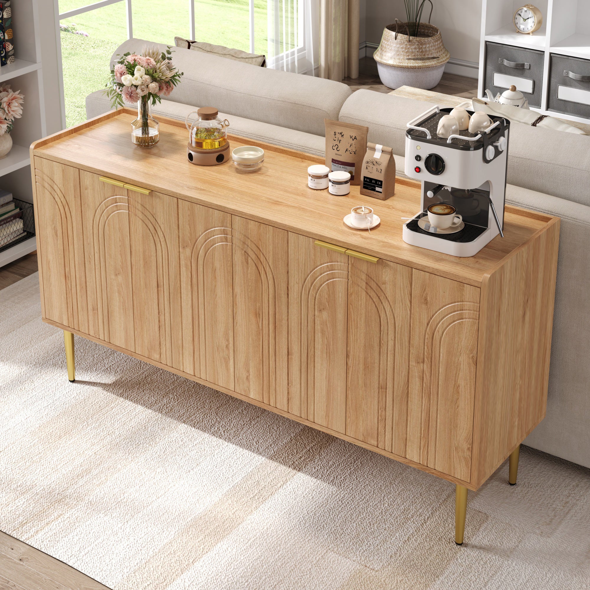 Nowoczesny buffet 140x38x75 cm - 4 fronty - wygląd drewna - Nogi metalowe - MDF - Kolor naturalny - 4