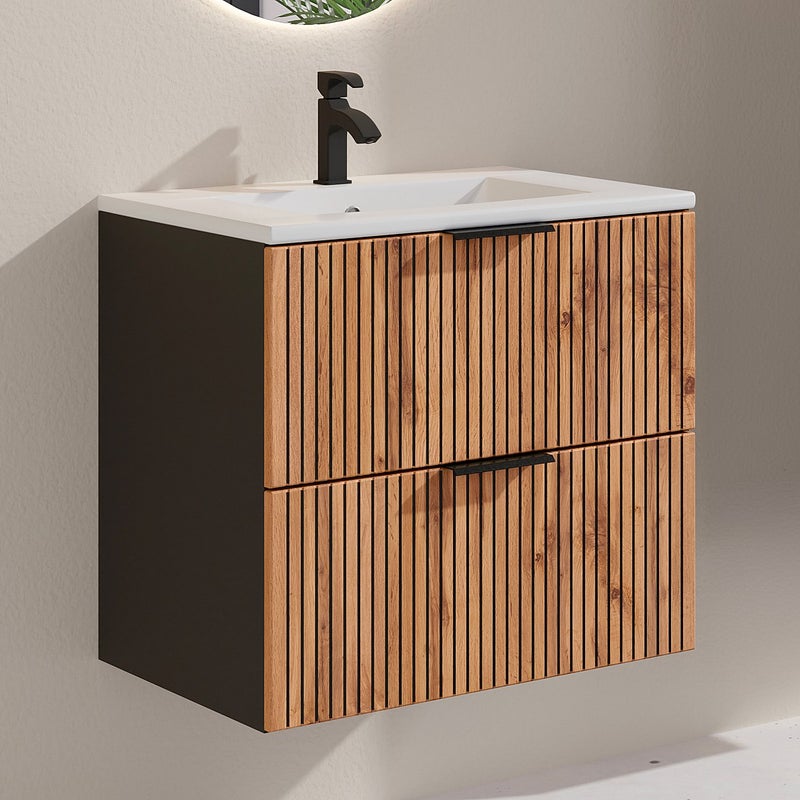 Szafka łazienkowa wisząca ryflowana z umywalką wpuszczaną w blat - Naturalny jasny i czarny - 60 cm - MADELA