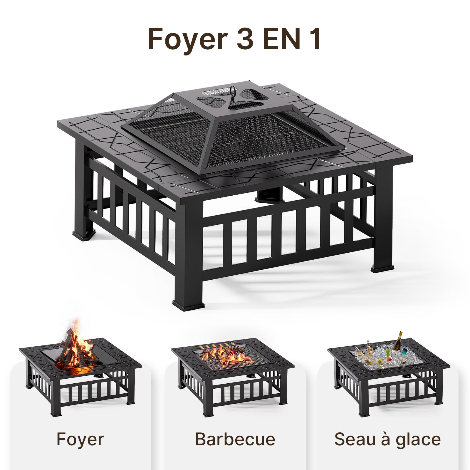 Brasero Extérieur Carré Acier 81 x 81 x 48 cm- 3 en 1 avec Fonction Barbecue&nbsp;avec Grille Tisonnier et Couvercle Bealife - 4