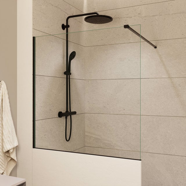 Pare-muret 100x100cm Paroi en verre Crystal Glass® 8 mm anticalcaire, avec bras et profilés noir mat (SATBWIS100PRC)