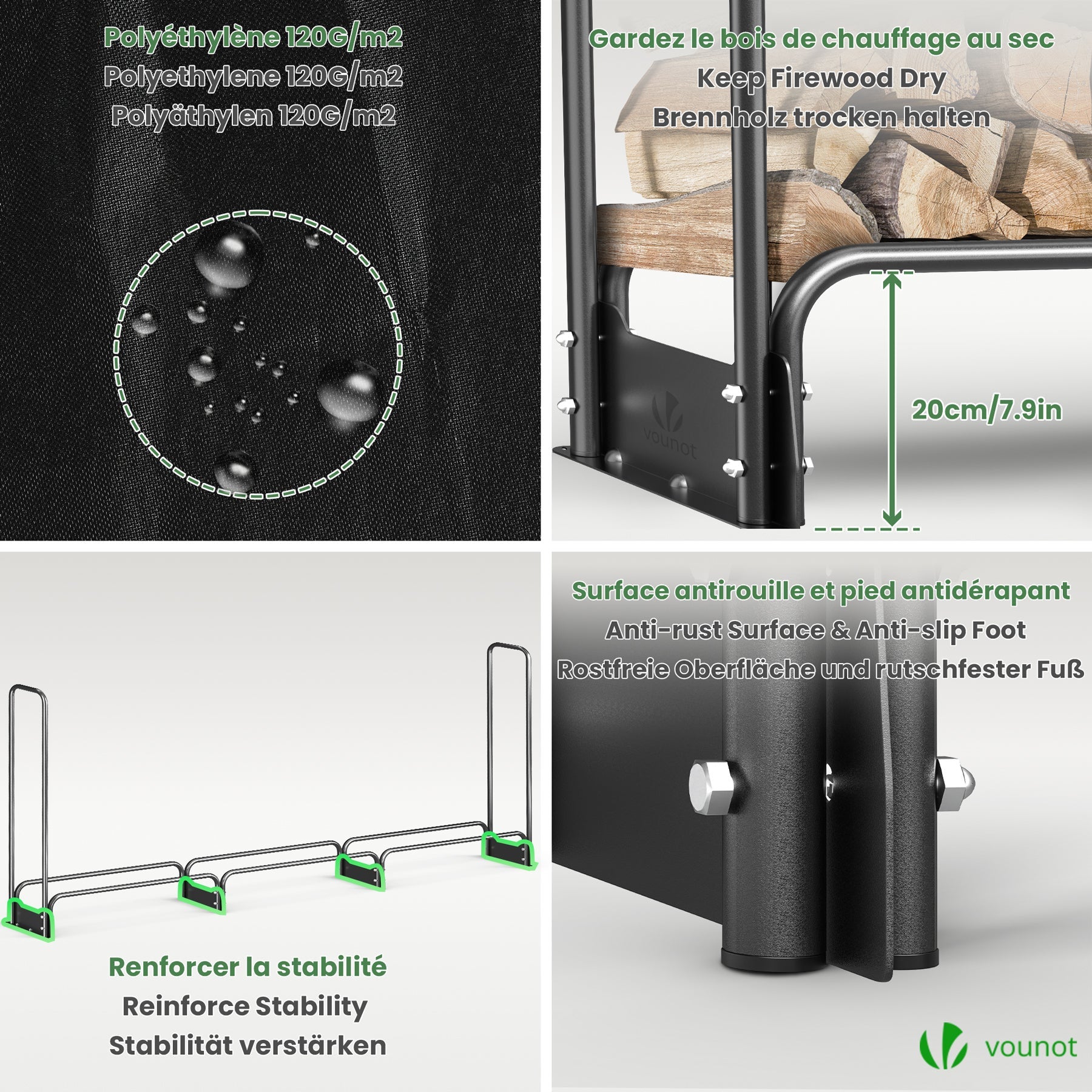 Abri range-bûches 3m avec housse noire - Serre bûche en métal - Support bois de chauffage pour cheminée et extérieur - VOUNOT® - 5