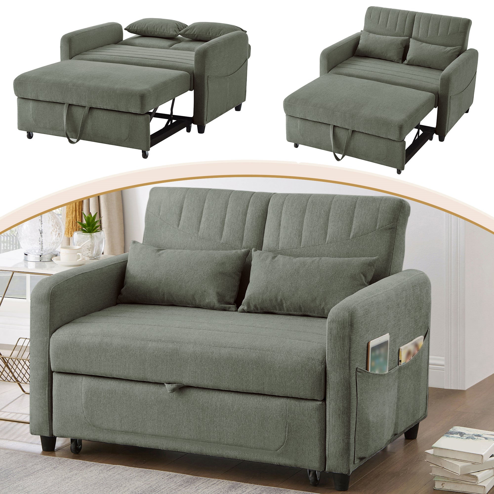 Sofa rozkładana 2-osobowa z 3-stopniową regulacją oparcia - 114 x 77 x 82,5 cm - Tkanina bawełniano-lniana - Zielony - 3
