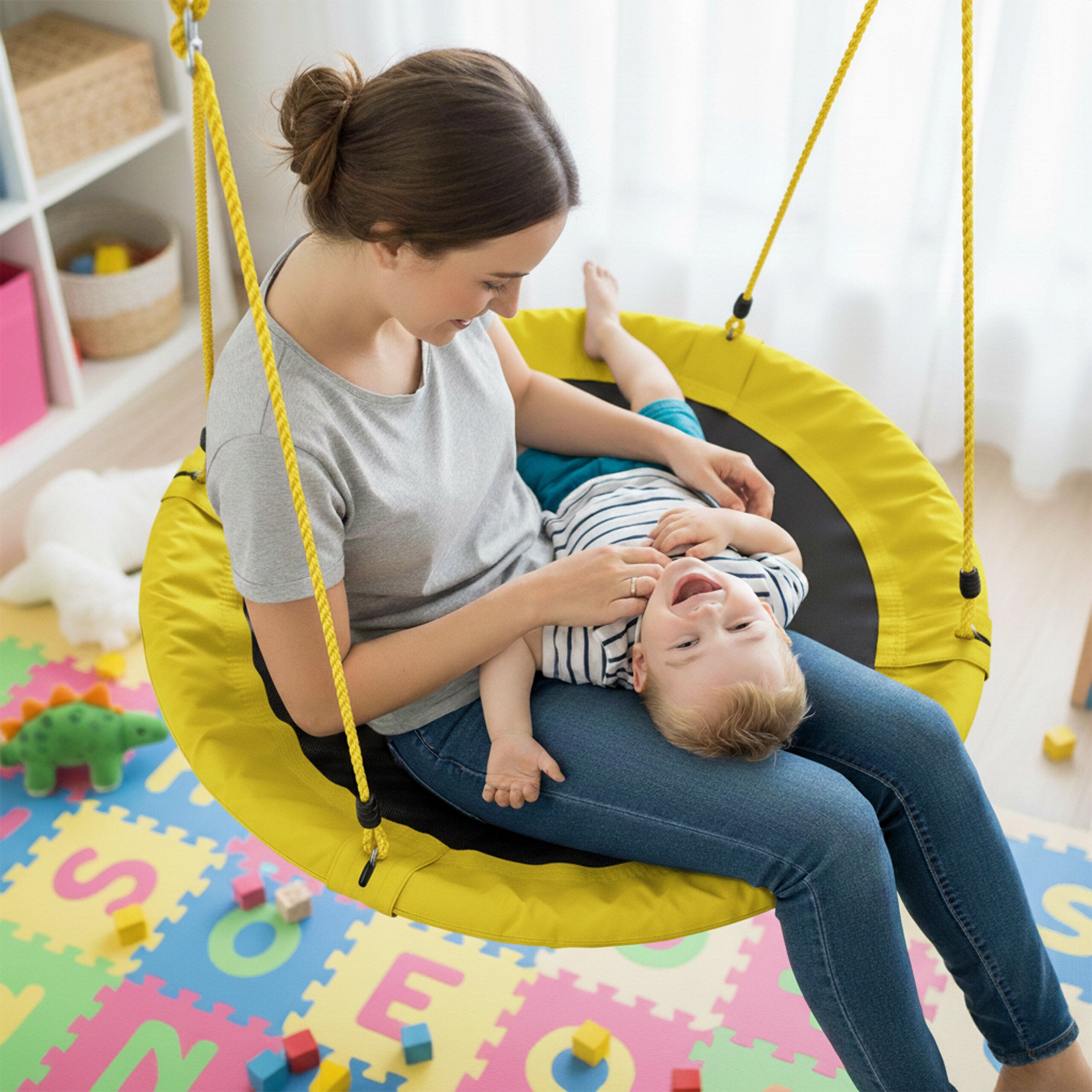 Balançoire nid d'oiseau rond 110 cm à suspendre enfant adulte jardin extérieur Ø 110 cm, 100 kg, jaune, Relaxdays - 3