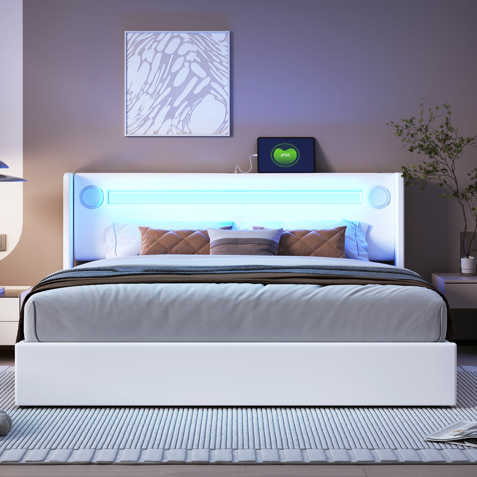 Letto matrimoniale imbottito 160x200 bianco con luce LED, lettore