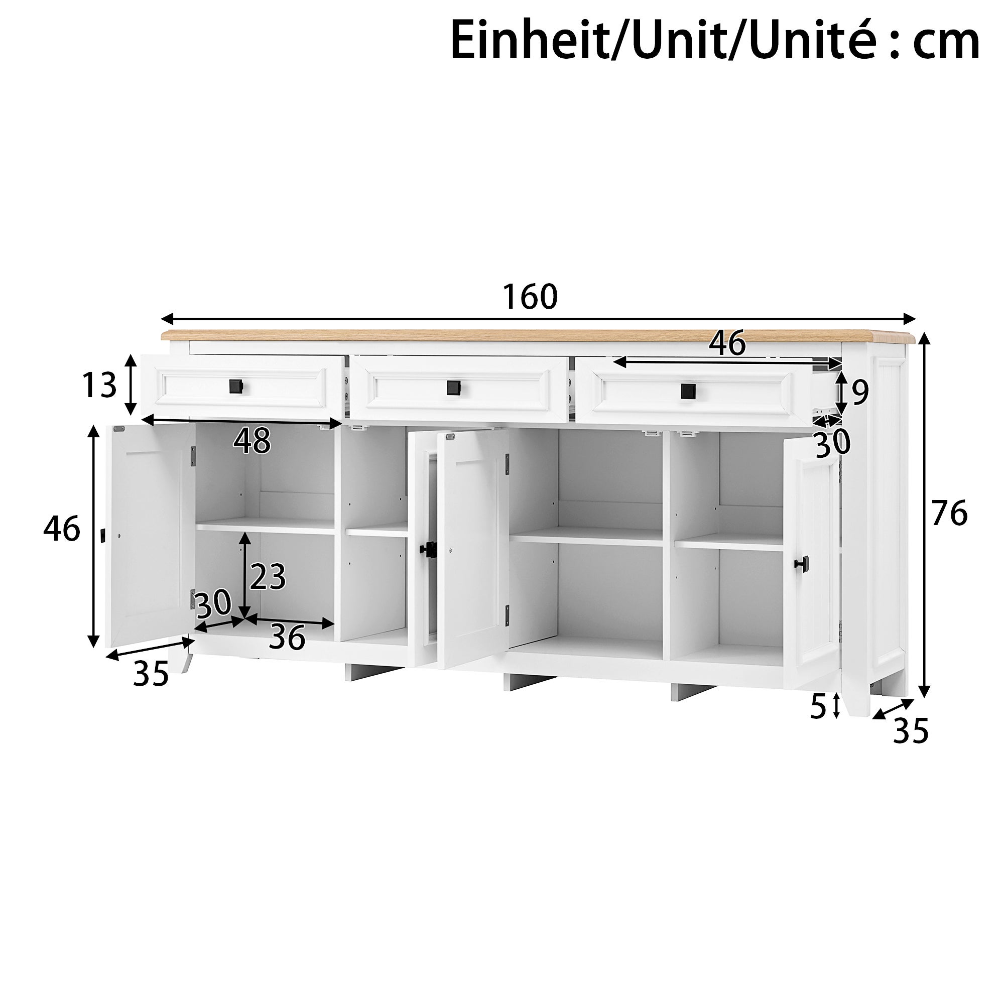 Nowoczesny buffet 160x35x76 cm - 3 szuflady i 4 fronty - Regulowane półki - MDF - Biały - 5