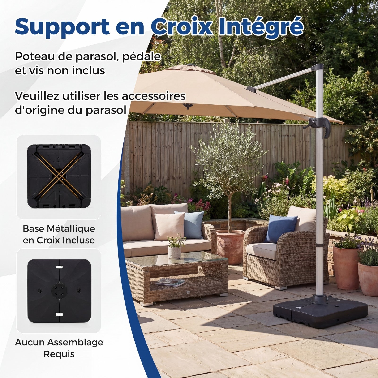 Pied de Parasol Extérieur 210KG avec Roulettes, Support de Parasol 105CM Décalé Robuste, Base Carrée Remplissable d'Eau&de Sable, Portable pour Jardin - 7