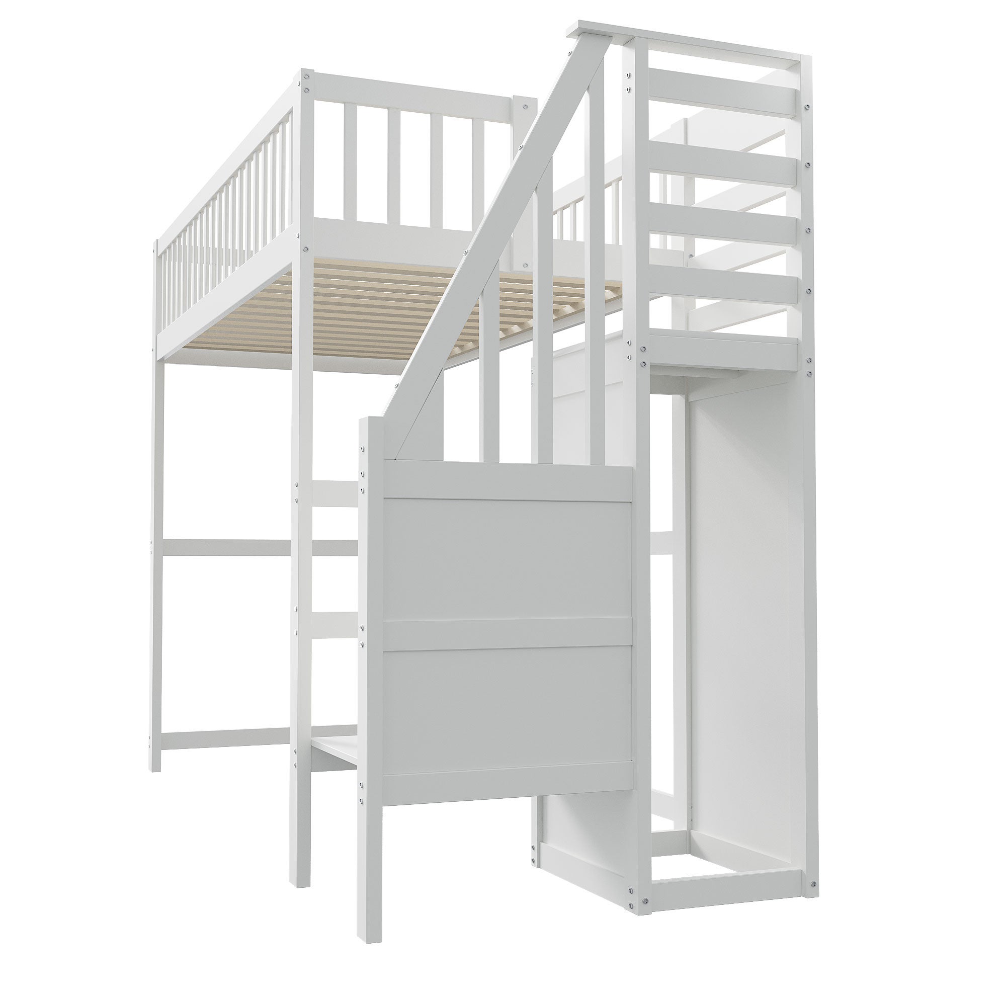 Lit mezzanine 90 x 200 cm avec armoire ouverte - Bois massif + contreplaqué + MDF - Blanc (sans matelas) - 7