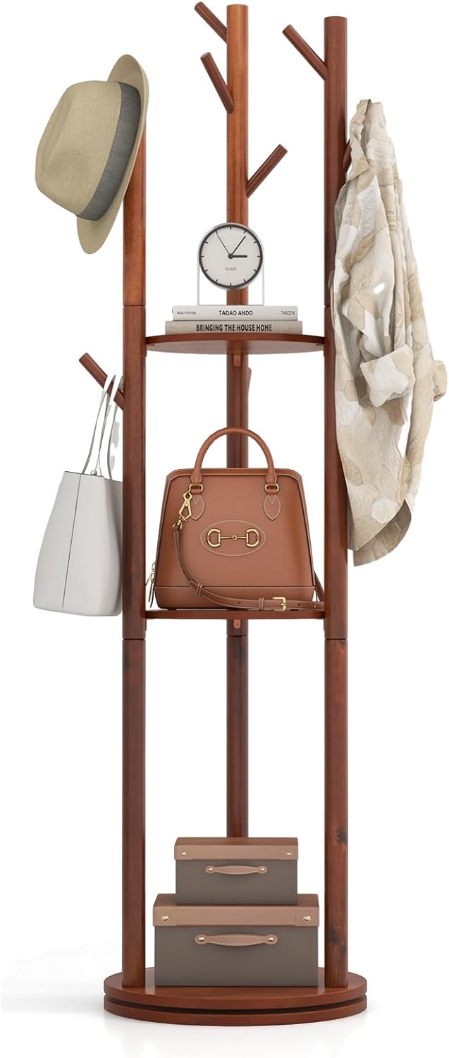 Perchero de Pie Giratorio 360°, Perchero de Madera con Estantes