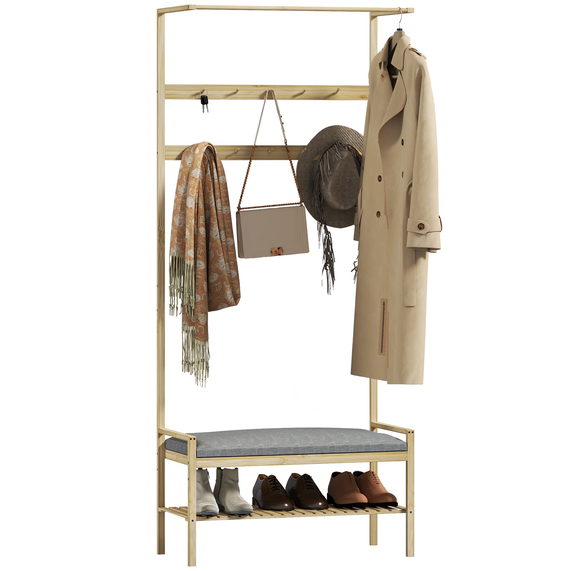 Porte-Manteau avec Étagère à Chaussures, Meuble d’Entrée avec Banc, 3