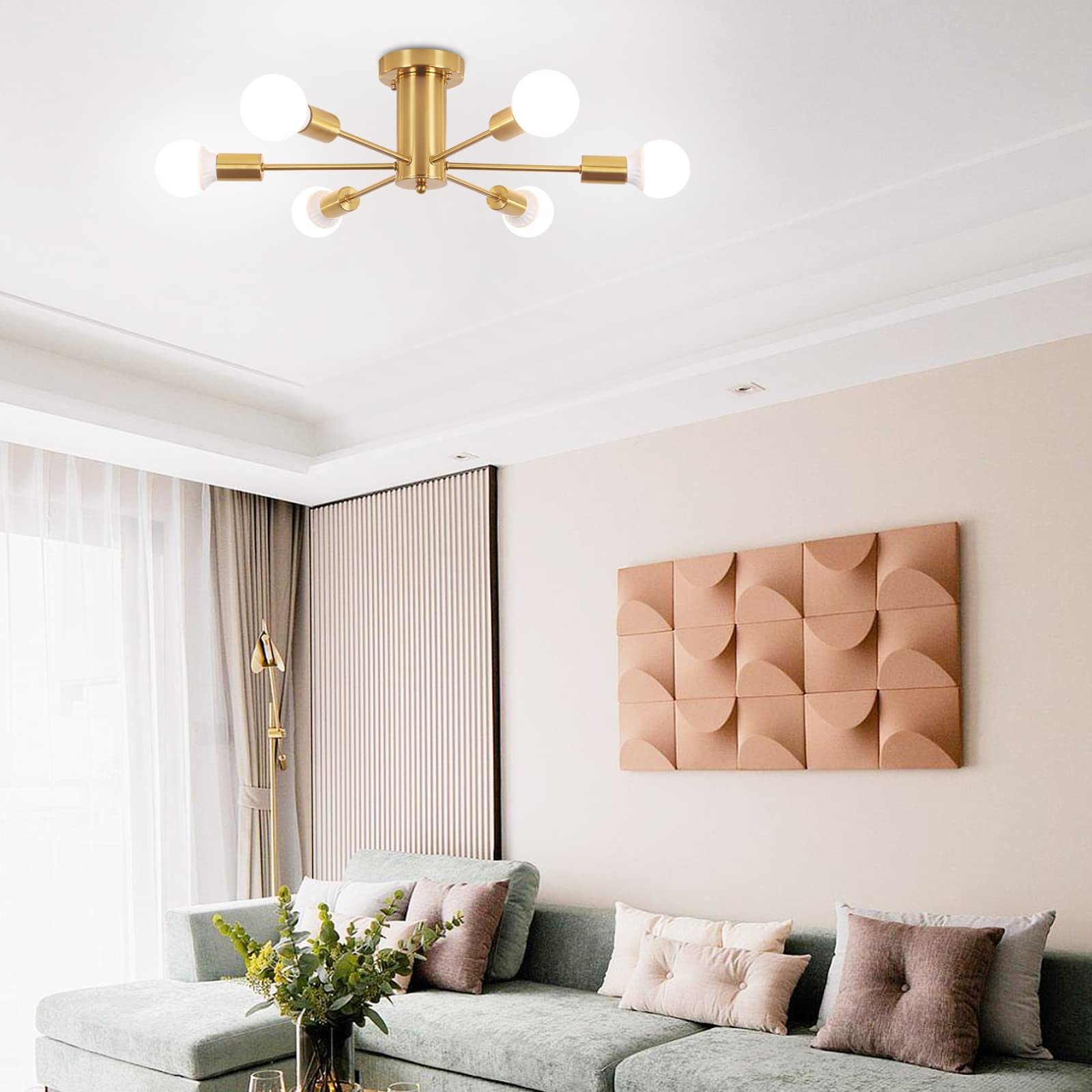 Lampa sufitowa półpłaska, lampa sufitowa z 6 głowicami, nowoczesny żyrandol Sputnik,lampawisząca z połowy XX wieku, złota (żarówka nie jest dołączona) - 3