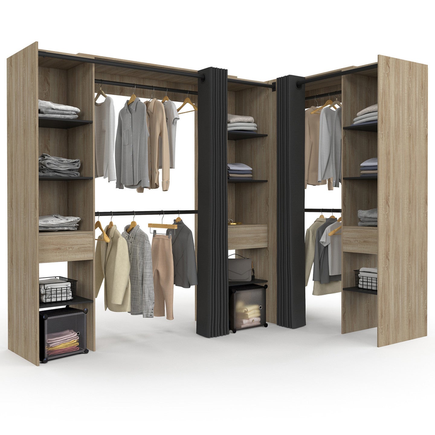 Dressing extensible d'angle MARLON 230 x 140 x 180 cm hêtre avec penderies + étagères + rideaux noirs - 2