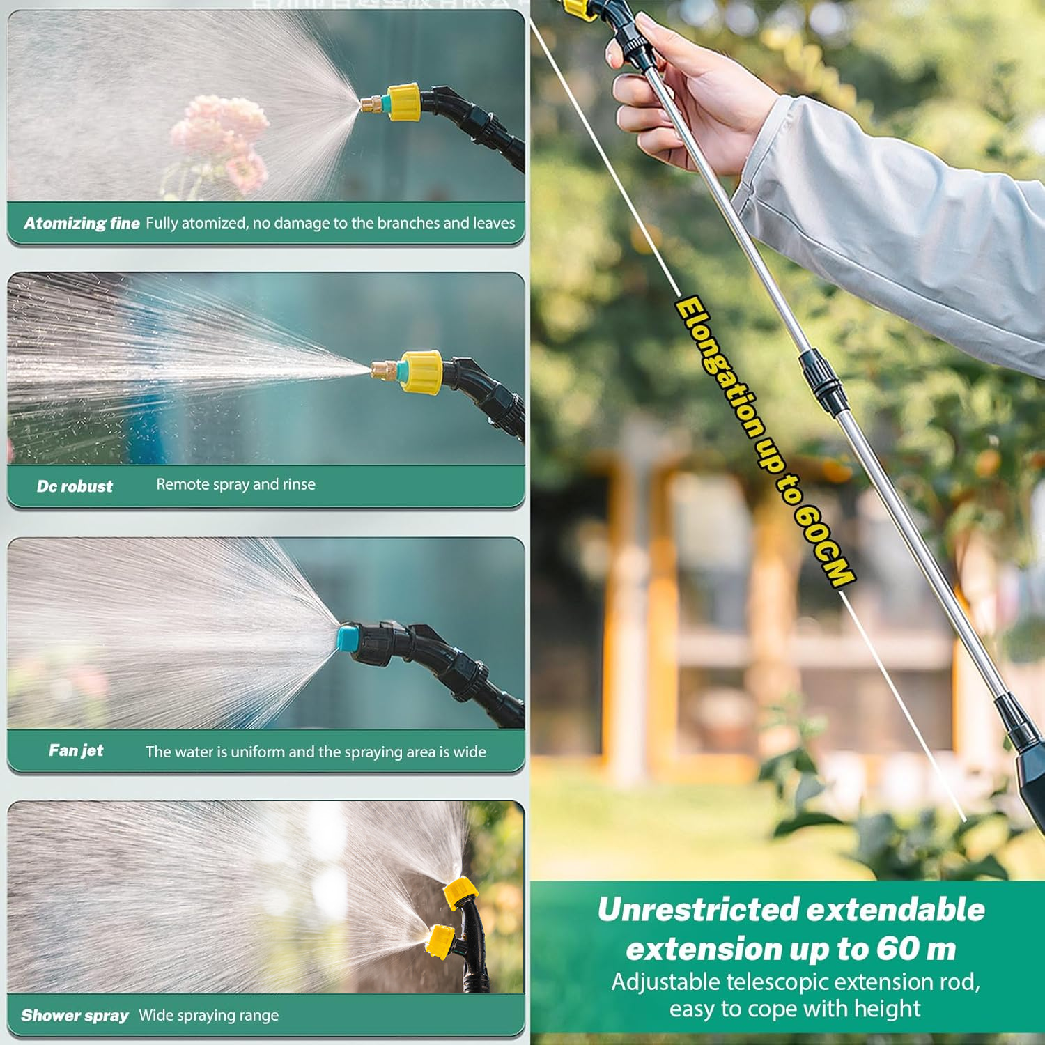 Spruzzatore elettrico da giardino da 5 litri, con 3 ugelli regolabili, tubo da 10 m e manico telescopico, spruzzatore ricaricabile tramite USB, bianco - 2