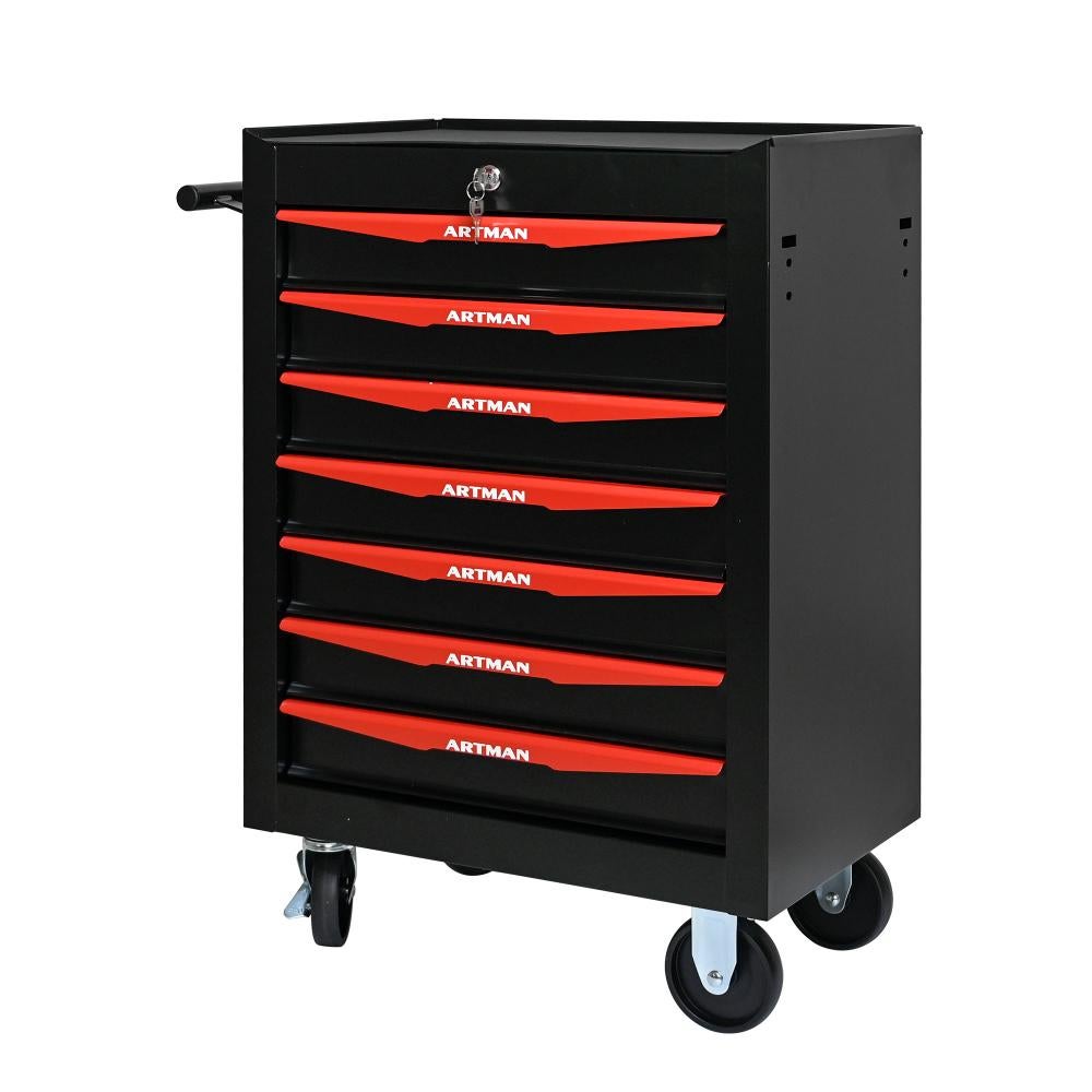 Caja de Herramientas Móvil de Metal 7 Cajones con Ruedas, Organizador de Acero Negro y Rojo con Cerradura y Guías de Bolas - 9
