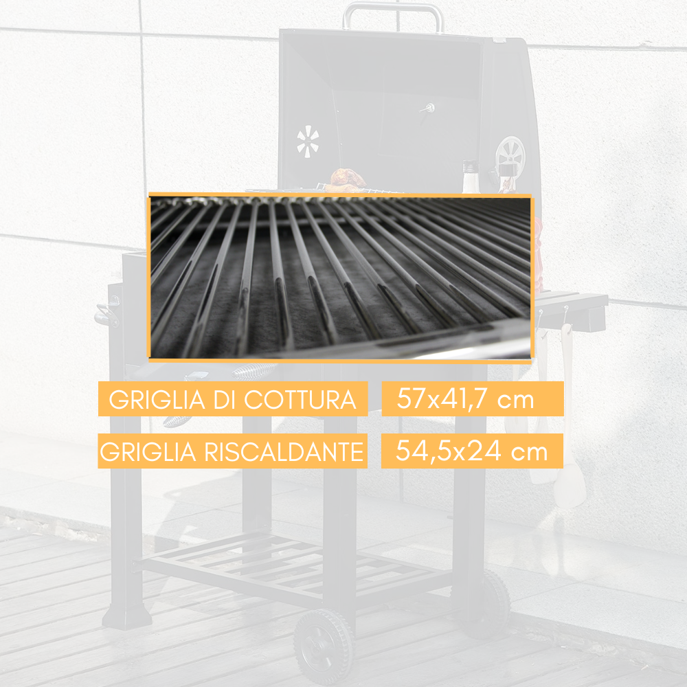 Barbecue a Carbonella Grill BBQ a Carbone Doppia Griglia con Coperchio e Termometro, Ruote e Ripiano, Apribottiglie, in Acciaio e Ghisa da Giardino - 6