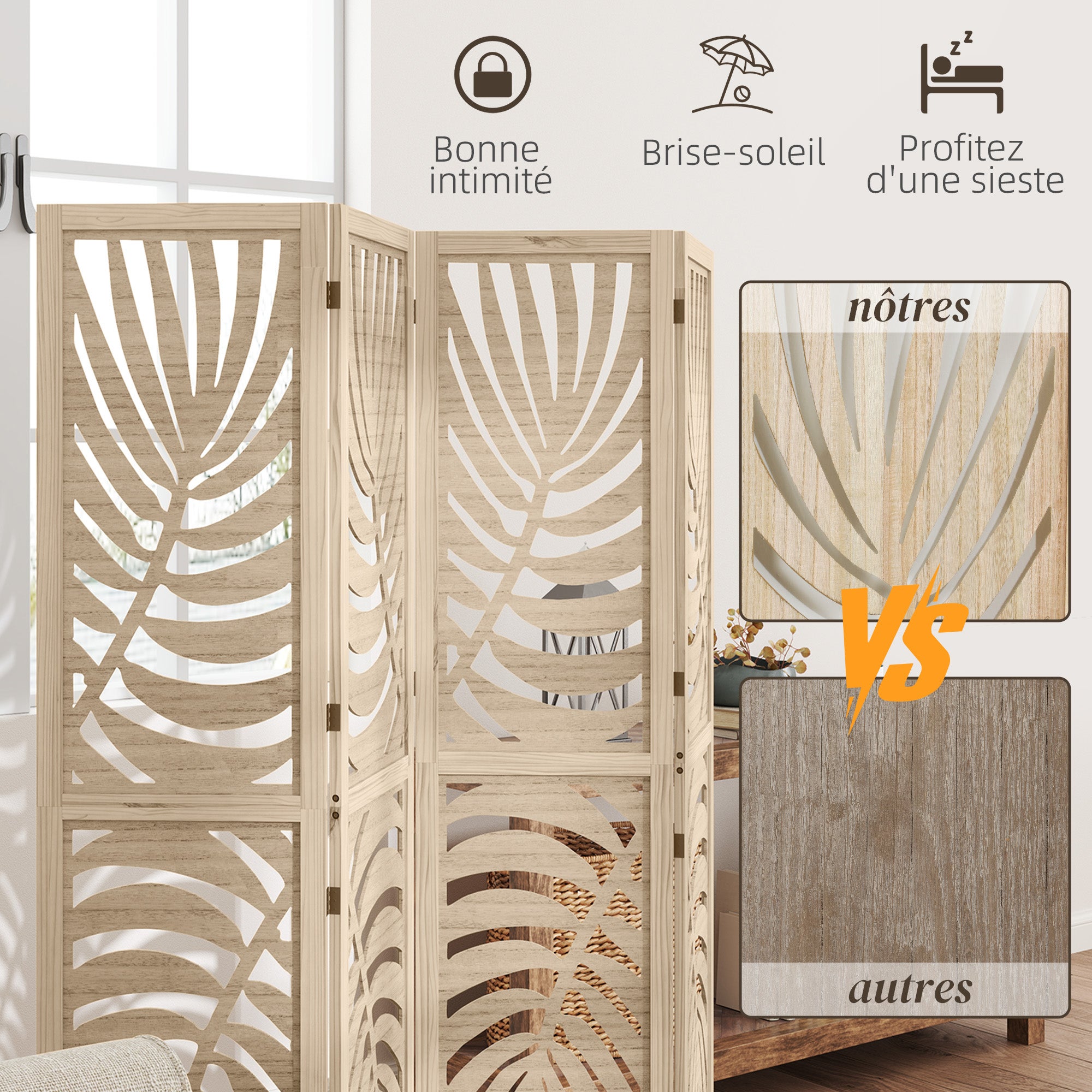 Paravent interieur Bois de paulownia HOMCOM - 6