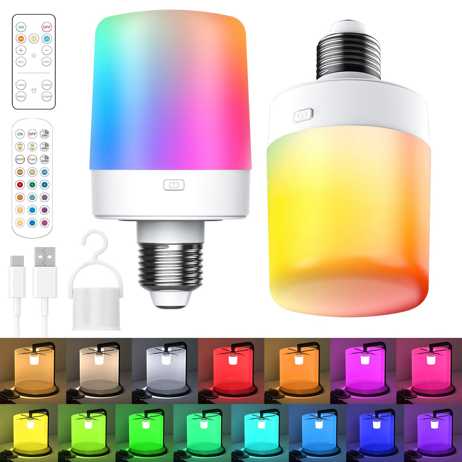 Bombilla LED Inalámbrica Recargable E26 + Bombilla RGB con Control ...