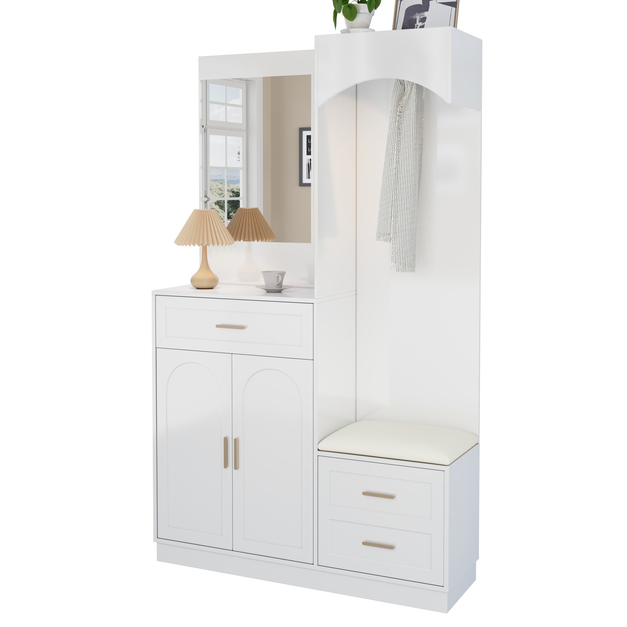 Zestaw szafek na buty z lustrem, ławką na buty, 3 drzwiami i 1 szufladą - 110 x 333 x 185,5 cm - MDF - Biały