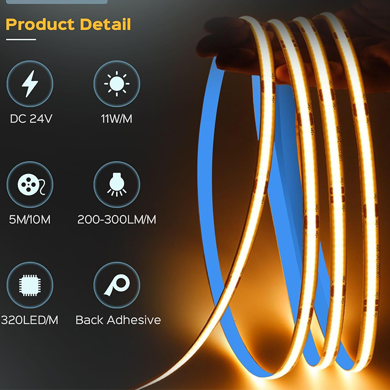 Bande LED COB autocollante 24 V de 5 mètres, lumière blanc chaud 3000 K, 320 LED/mètre, largeur 8 mm, indice de rendu des couleurs > 90 - 4