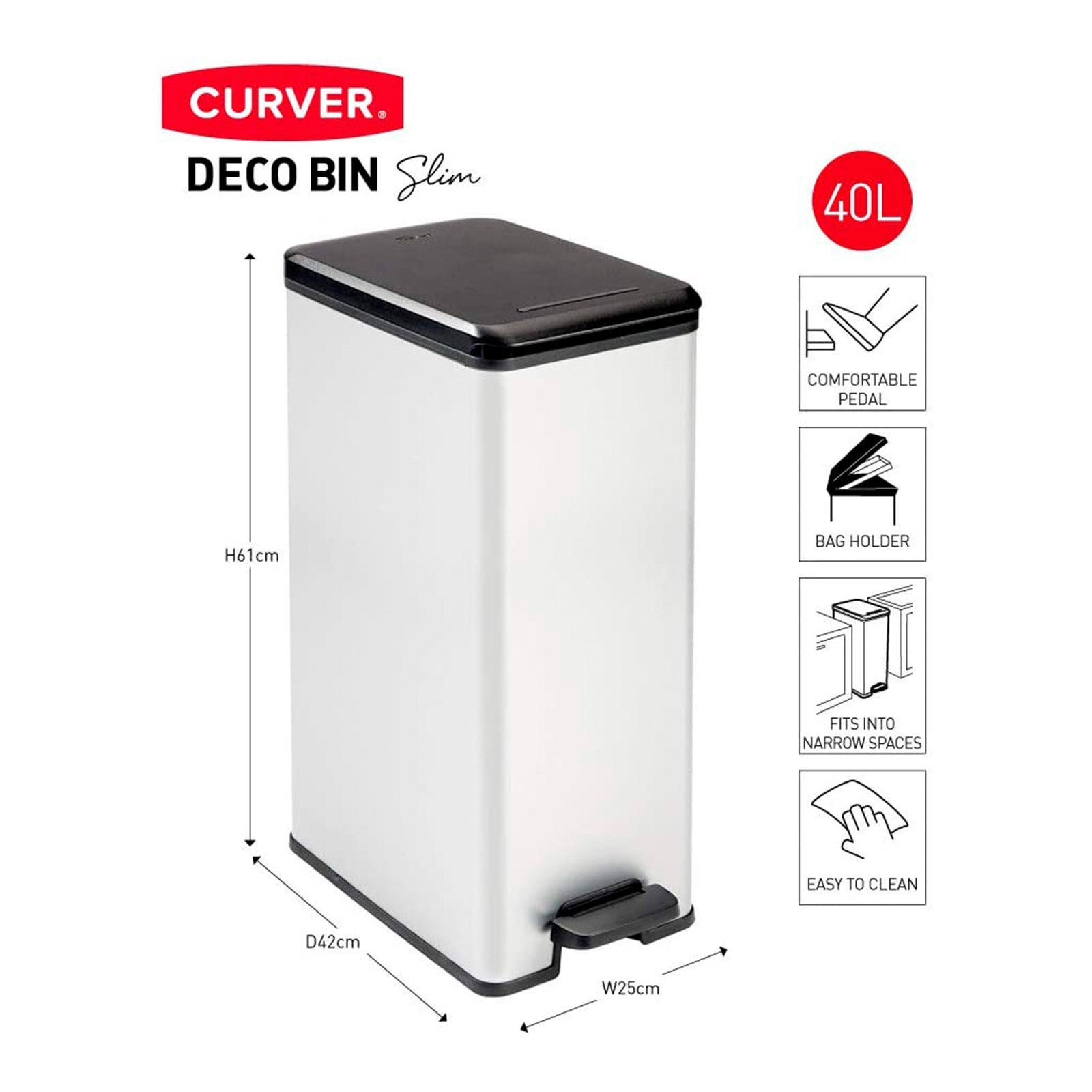 Curver Deco Slim Cubo de Basura 40L de Apertura a Pedal y Soporte de Bolsa Leroy Merlin