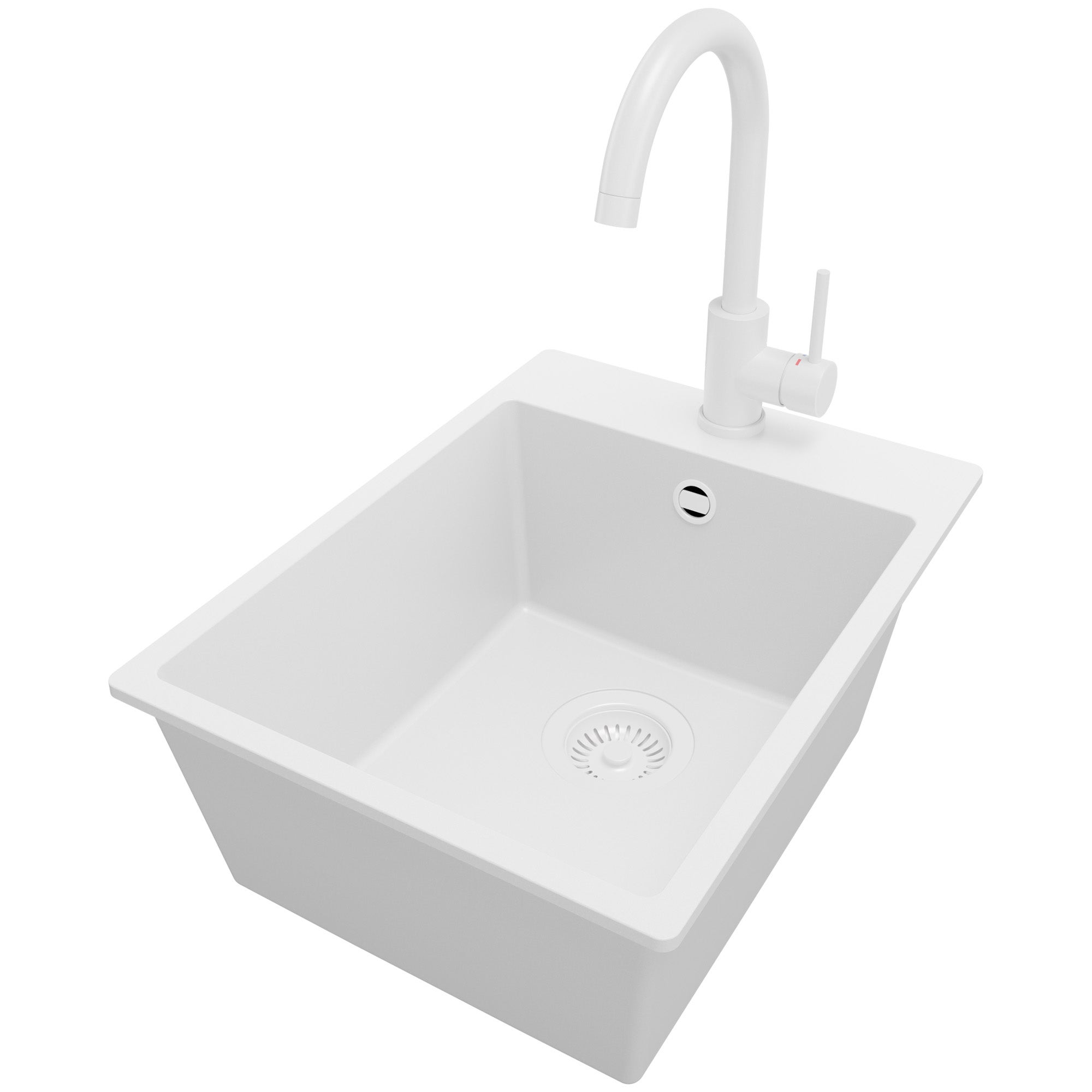Zlewozmywak Granitowy Cały Biały 38x50cm, Zlew Kuchenny 1 Komorowy + Bateria 32x20cm + Syfon, Nablatowy do szafki od 40cm - Ryga PRIMAGRAN