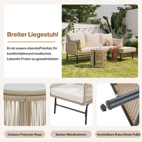 Set lounge de jardin avec structure en fer et cordage tressé, 2 fauteuils, 2 canapés 2 places, 2 tables, tous coussins inclus - 8
