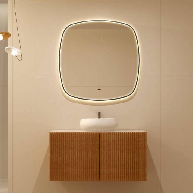 Espelho casa de banho LED Catania 80x80 cm quadrado com 3 temperaturas de luz retroiluminado anti-embaciamento acabamento ouro rosa escovado