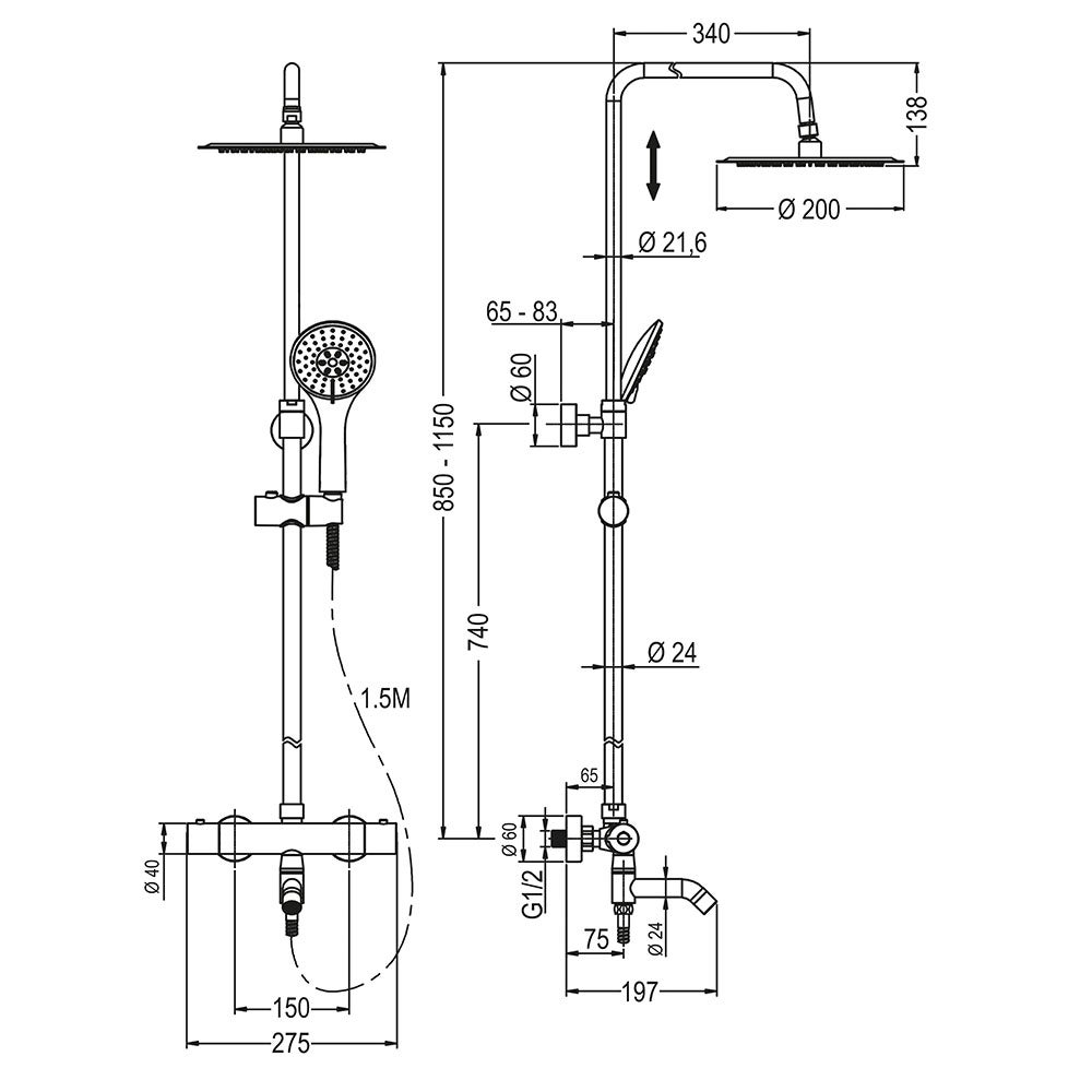 Kibath Colonne de douche thermostatique AVEC BERCEAU | Hauteur réglable 85-115 cm | Laiton massif, finition chromée polie | Design carré avec pomme de - 6