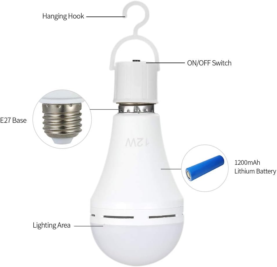 Duas lâmpadas LED E27 recarregáveis (com pilhas), luz branca neutra de 12 W, adequadas para lâmpadas incandescentes para acampamentos e tendas - 2