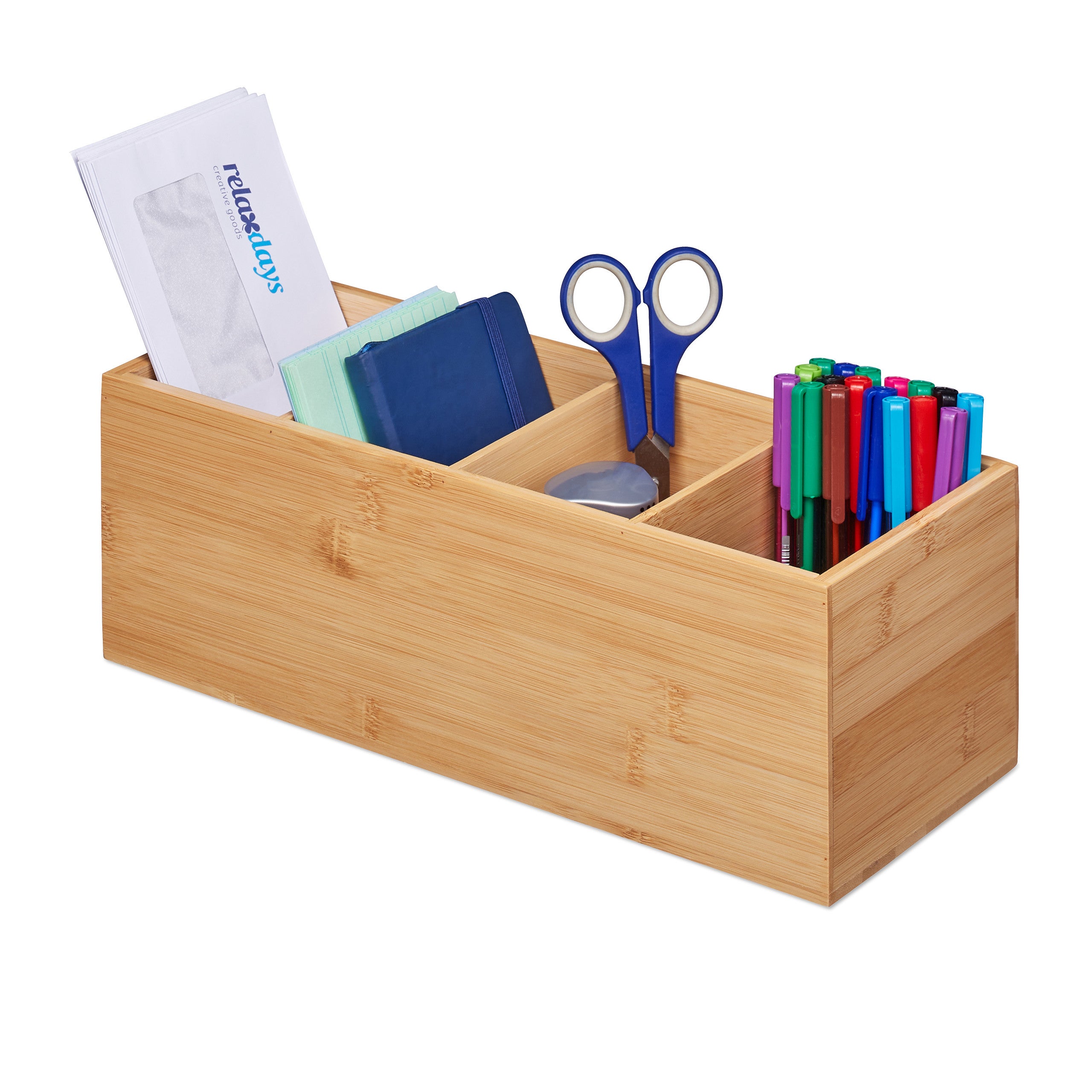 Organiseur De Bureau Bambou Relaxdays - Porte-stylos Avec 2 Tiroirs - 9,5x12,5x15 Cm - Naturel