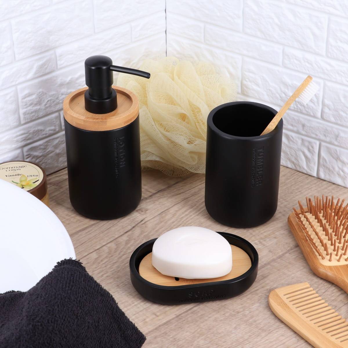 Porte savon polyresine - noir mat/bambou - Tendance - 3