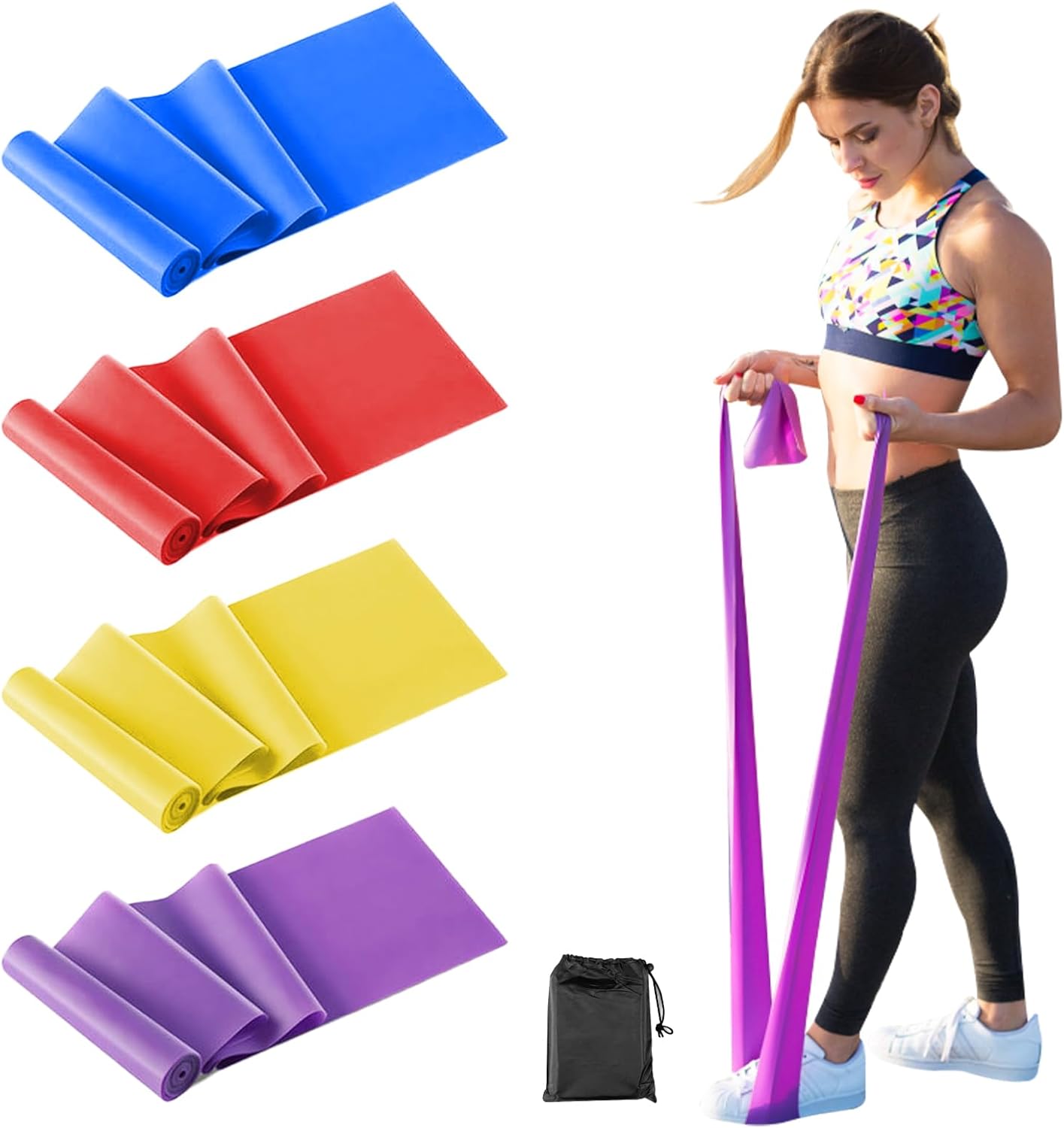 Set 4 Fasce Fitness Elastiche Da 1,8 M – Livelli Di Resistenza, Borsa E Poster Esercizi Inclusi, Per Yoga E Pilates