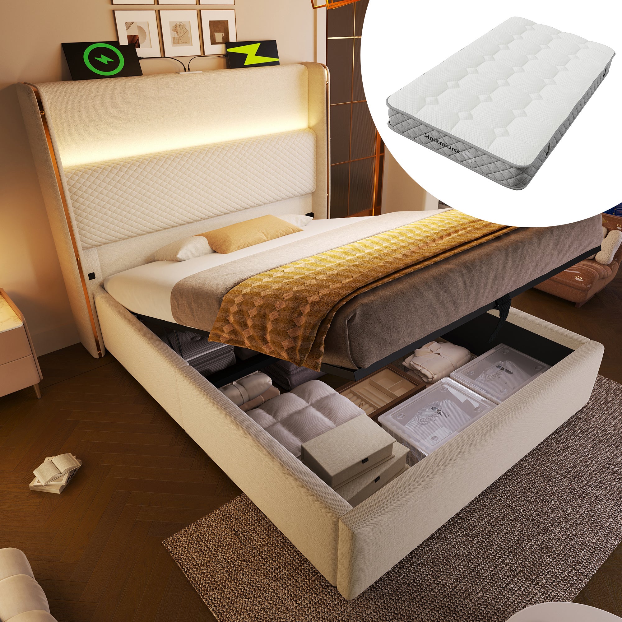 Łóżko tapicerowane 90x200cm, łóżko pojedyncze z oświetleniem LED, schowkiem i portami USB/Type-C, len, beż, z materacem