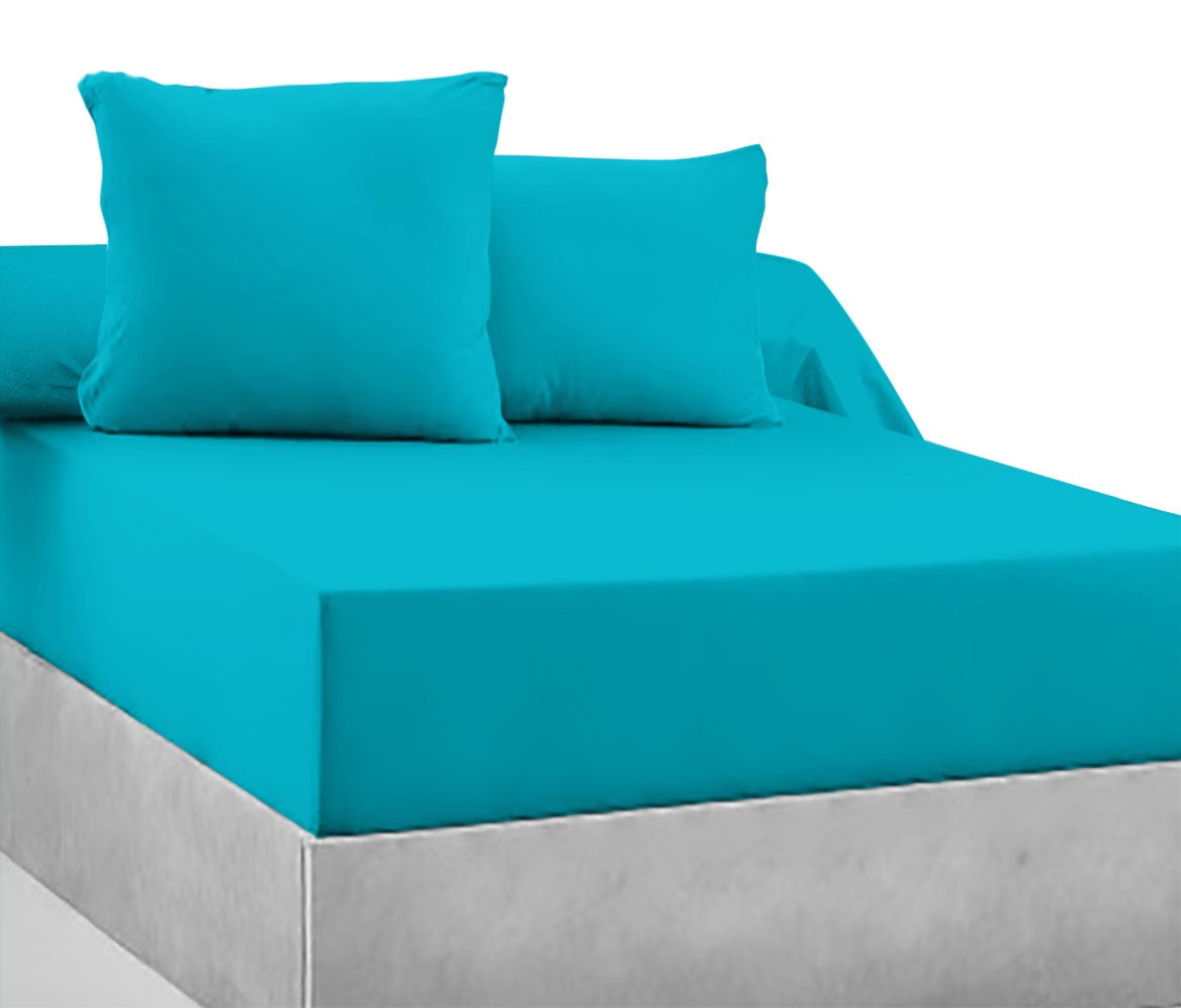 Drap-housse 100% coton 57 Fils Bleu turquoise 140 x 190 cm - Bonnet 30 cm - 2