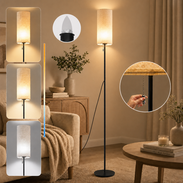 ZMH Lampa podłogowa LED Retro z kloszem z tkaniny ściemniającej do salonu z przełącznikiem kablowym